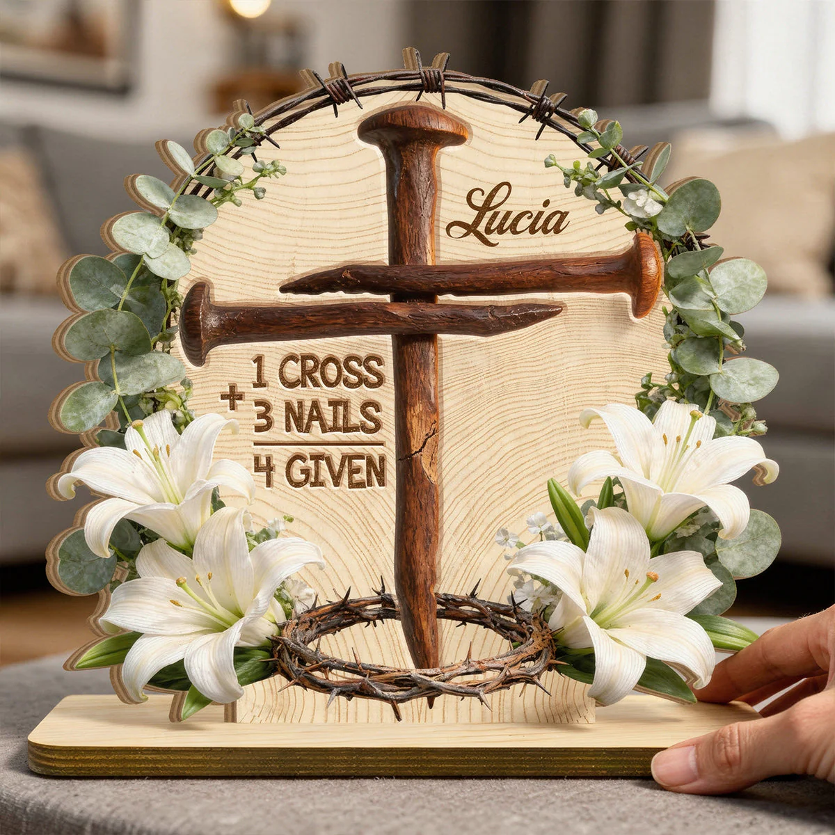 1 Cross 3 Nails 4 Given Easter - Personalized Shaped Wooden Plaque - Christian Gift BA01 - Image 2
