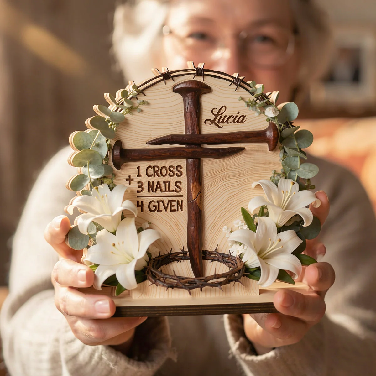 1 Cross 3 Nails 4 Given Easter - Personalized Shaped Wooden Plaque - Christian Gift BA01 - Image 3