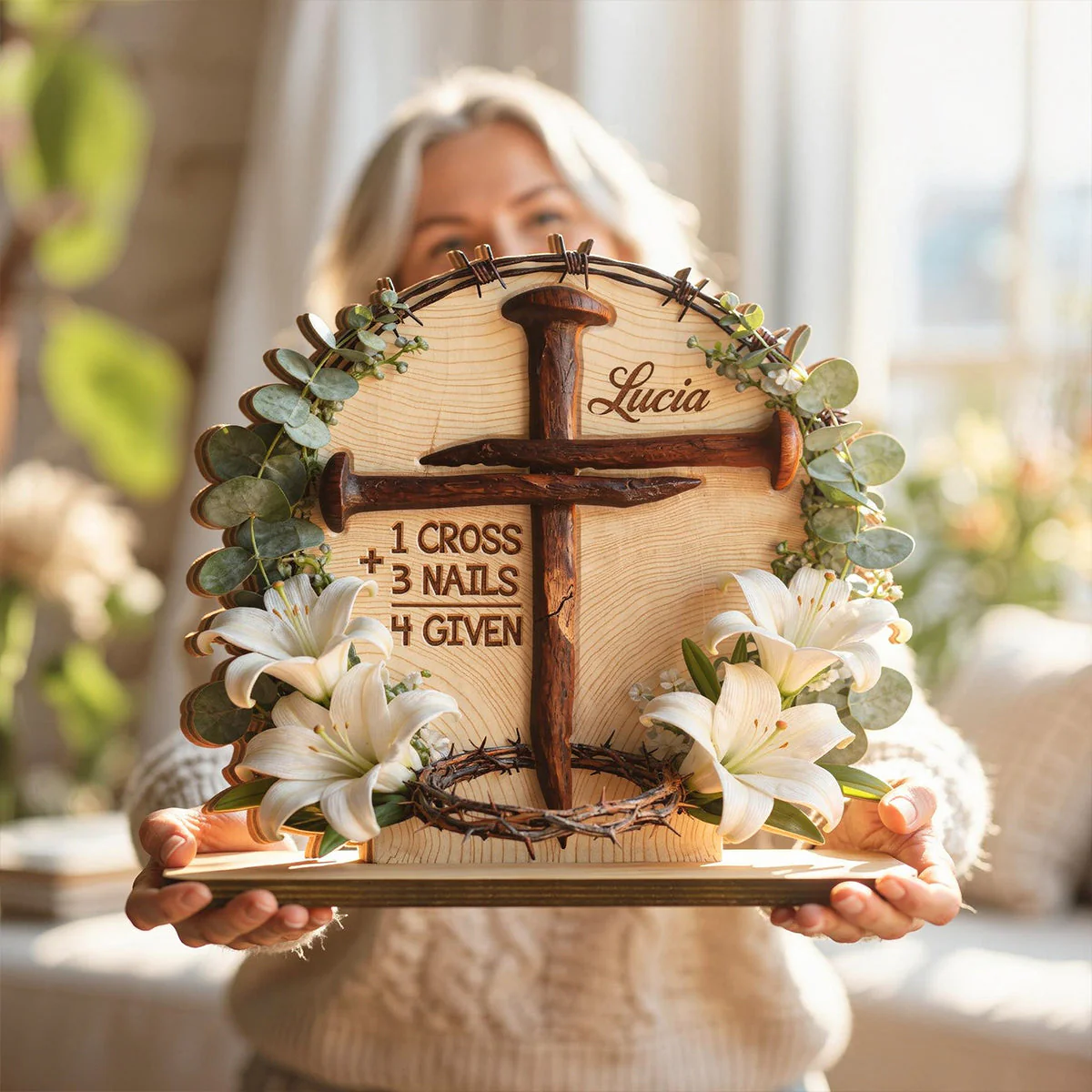 1 Cross 3 Nails 4 Given Easter - Personalized Shaped Wooden Plaque - Christian Gift BA01 - Image 5