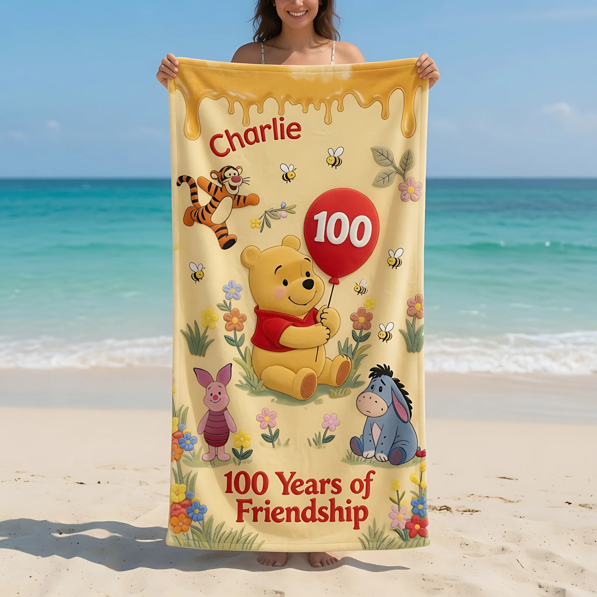 100th Anniversary Friendship With Honey Bear Celebration - Personalized Beach Towel - Vacation Gift For Movie Fans - DSNY - Image 2