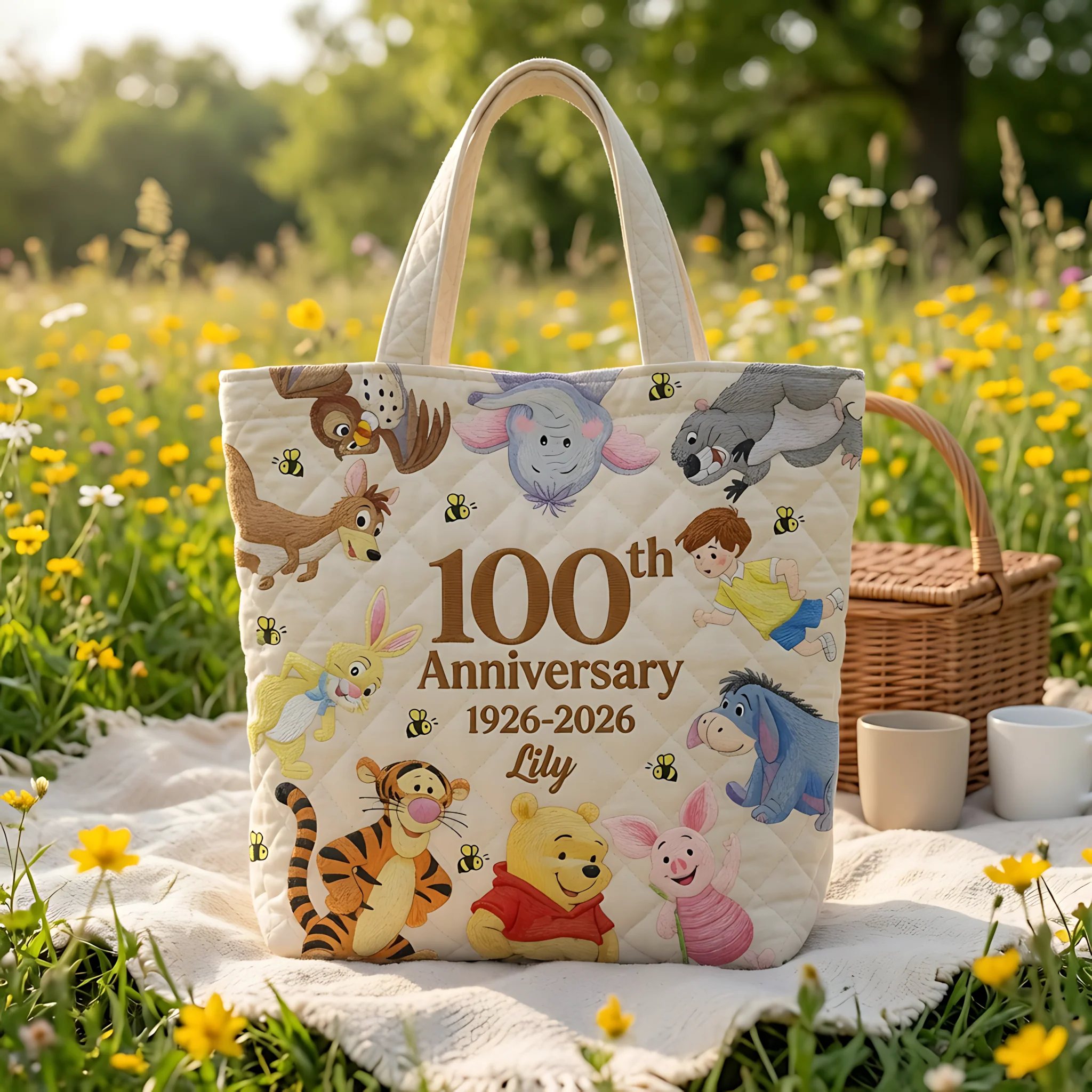 100th Anniversary Funny Time With Honey Friends - Personalized Quilted Tote Bag - Gift For Her - DSNY - Image 2