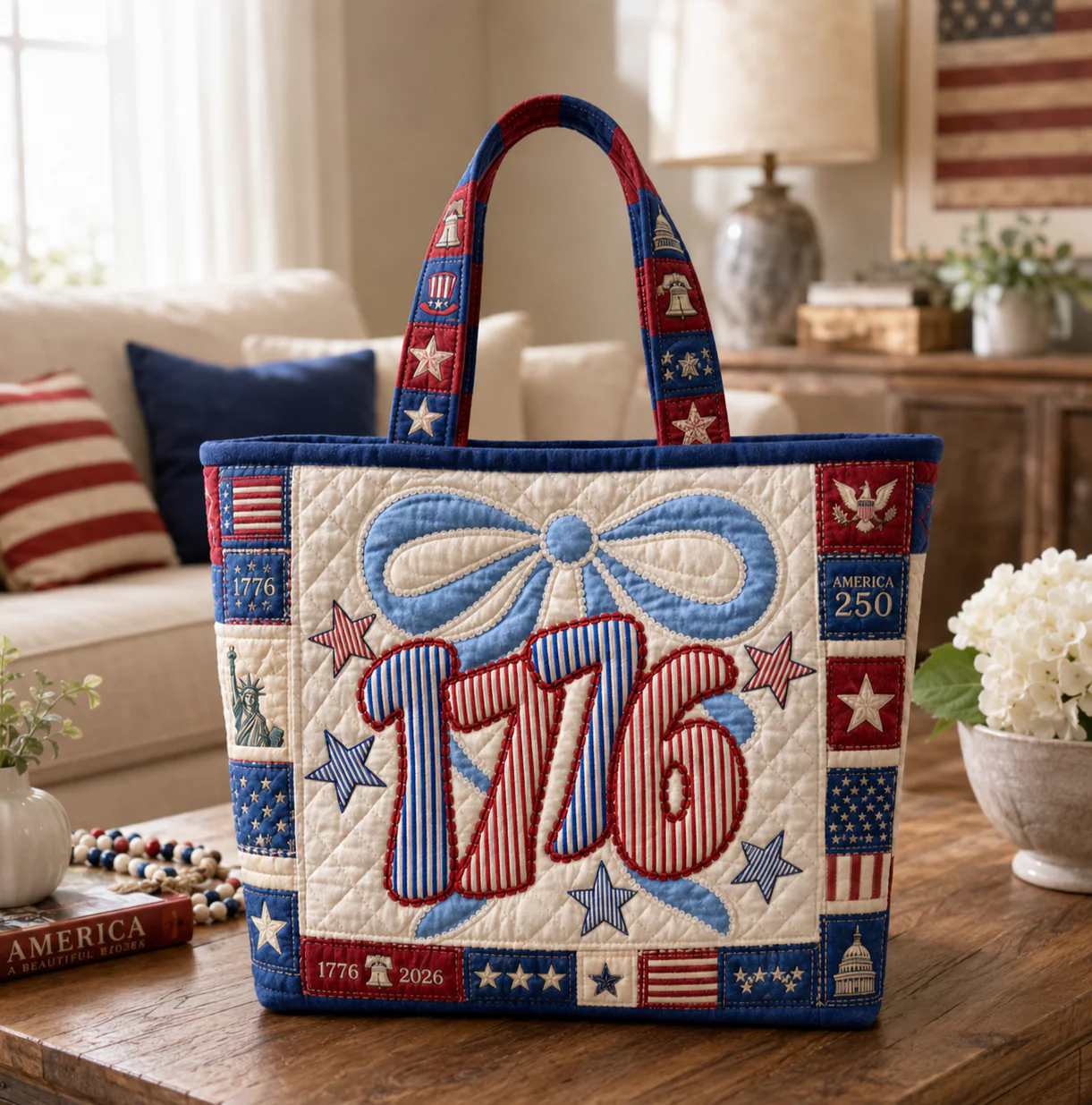 1776 America 250 Years Patriotic Patchwork - Personalized Quilted Tote Bag - Gift For Her