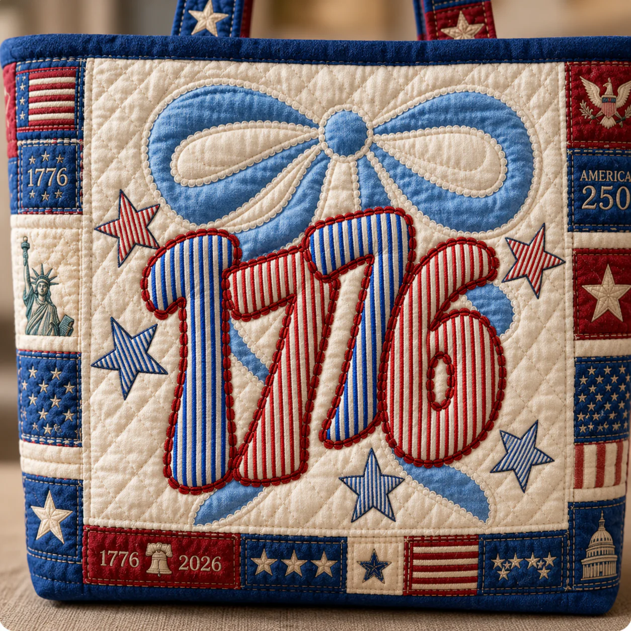 1776 America 250 Years Patriotic Patchwork - Personalized Quilted Tote Bag - Gift For Her - Image 2