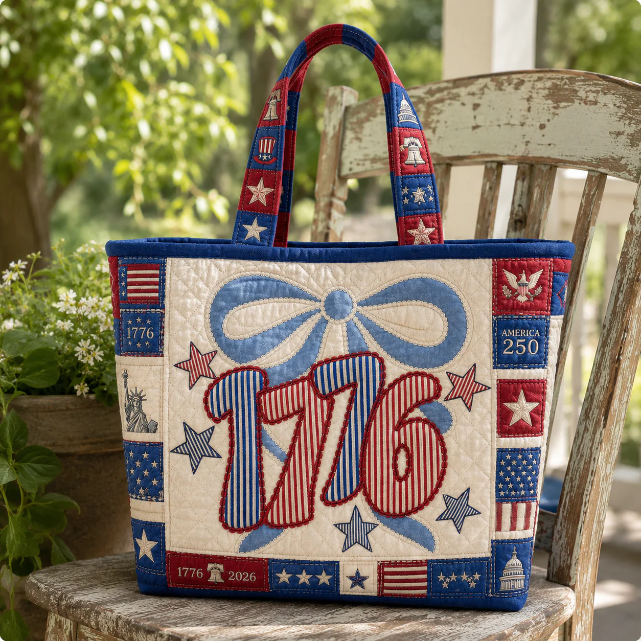 1776 America 250 Years Patriotic Patchwork - Personalized Quilted Tote Bag - Gift For Her - Image 3