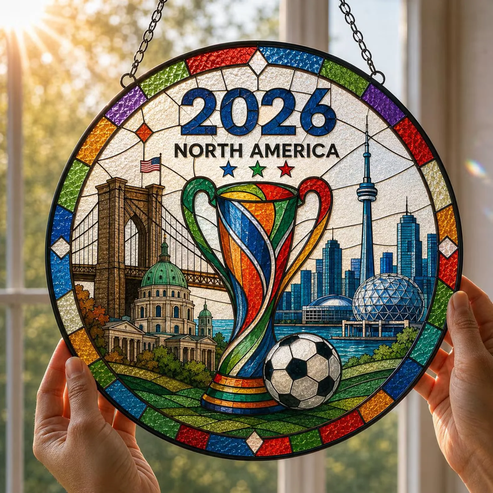 2026 North America Soccer Championship Trophy - Stained Glass Window Hanging Suncatcher - Gift For Family