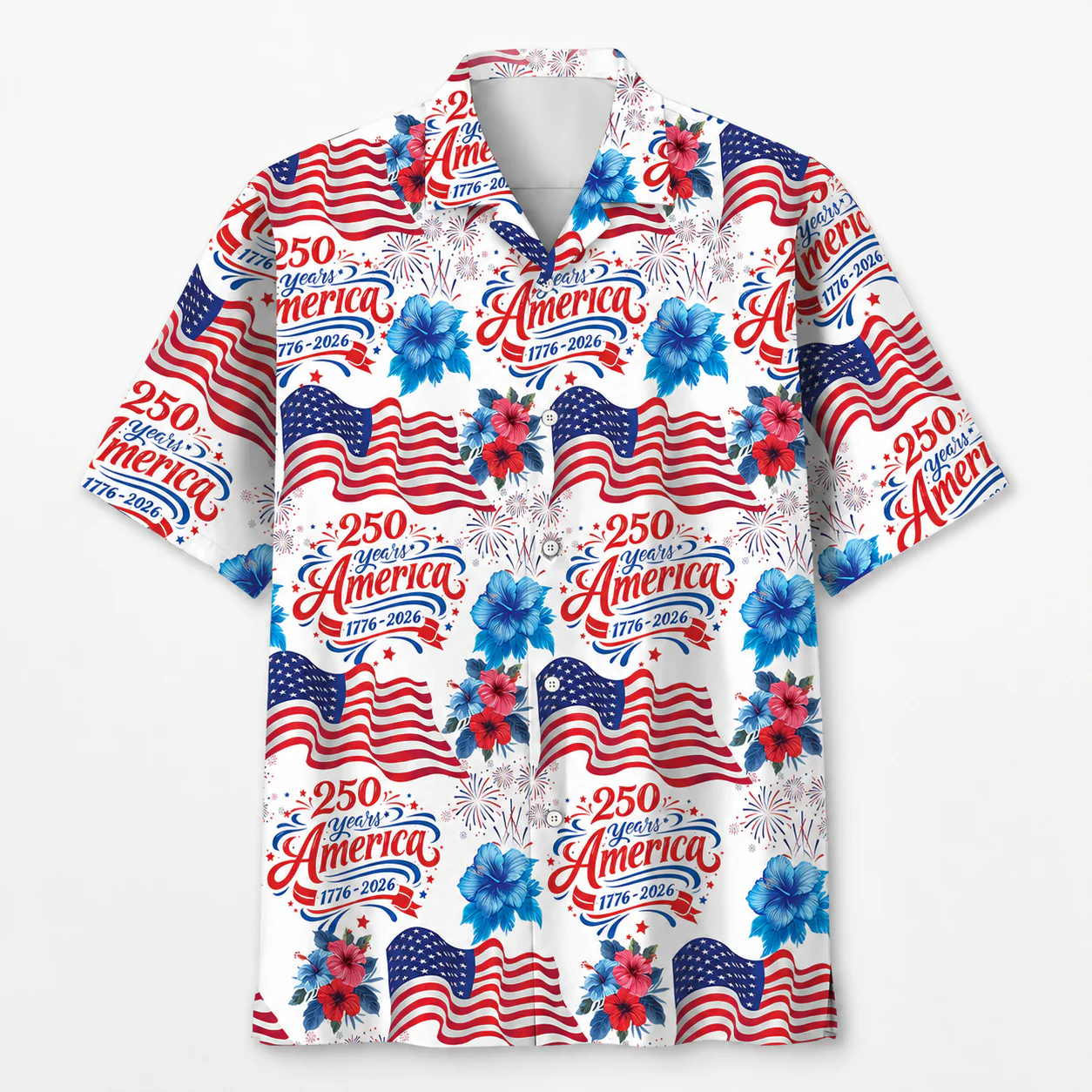 250 Years America With Flag Hibiscus - Hawaiian Shirt - Gift for Patriots