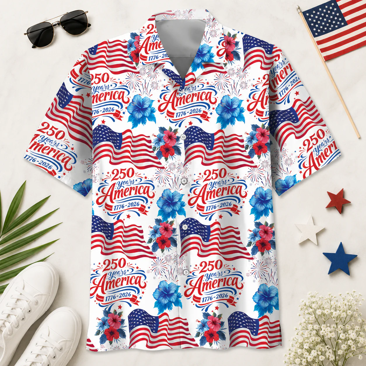 250 Years America With Flag Hibiscus - Hawaiian Shirt - Gift for Patriots - Image 4