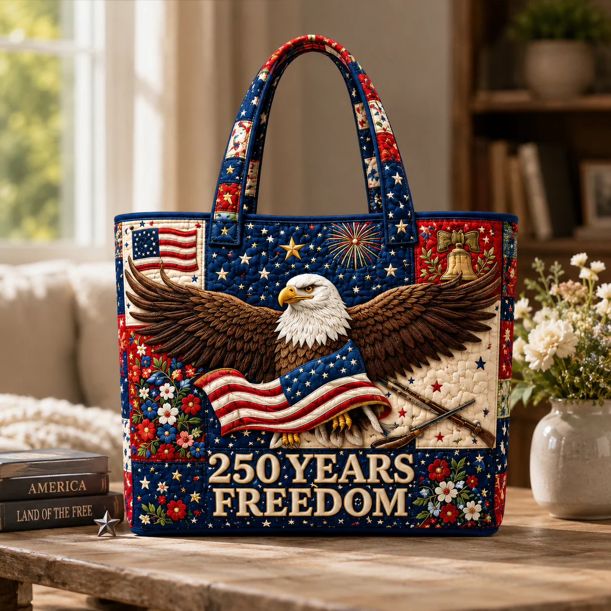 250 Years Freedom US Anniversary Bald Eagle - Quilted Tote Bag - Patriotic Gift For Her