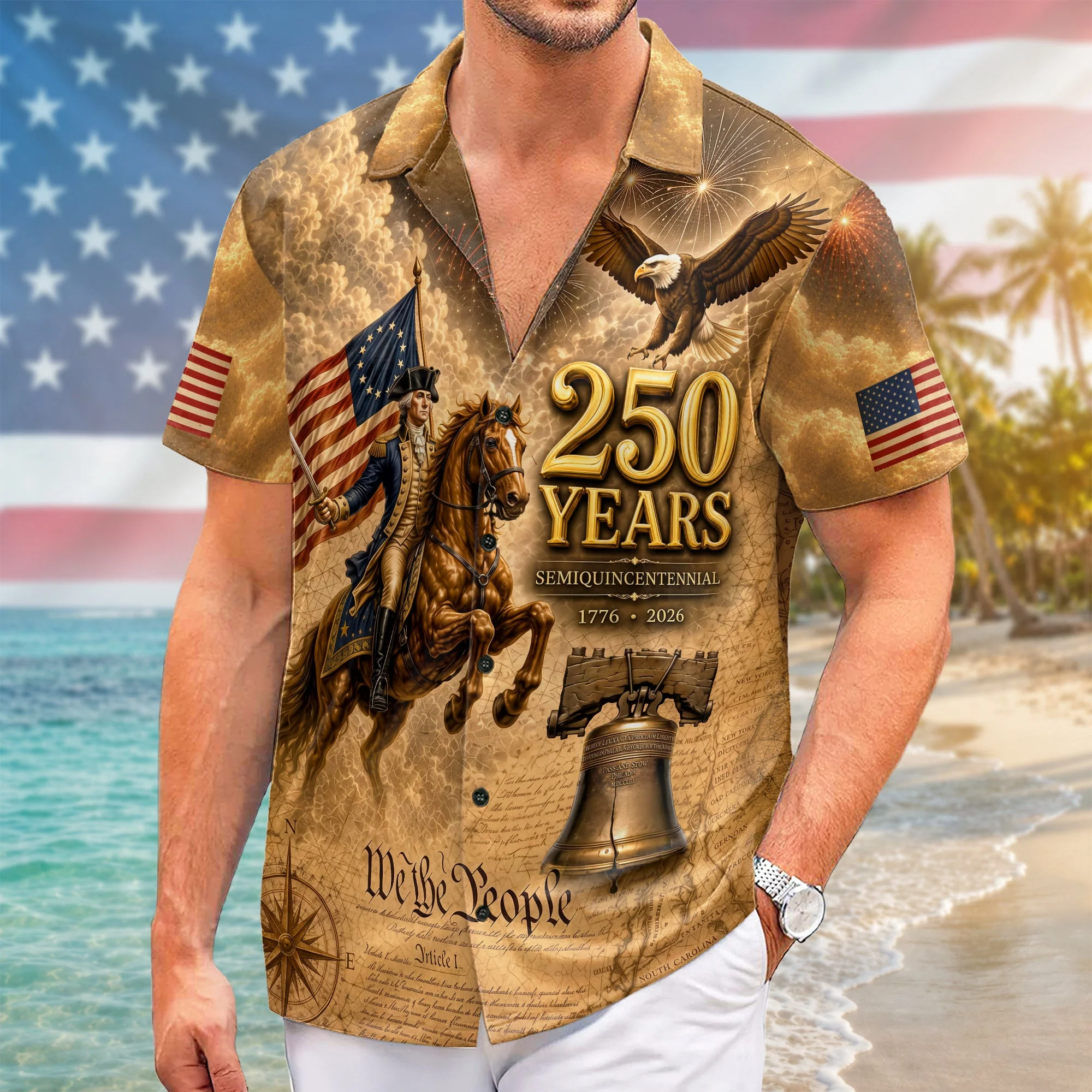 250 Years George Washington US Flag Liberty Bell Hawaiian Shirt - Patriotic Gift For Him - Image 2