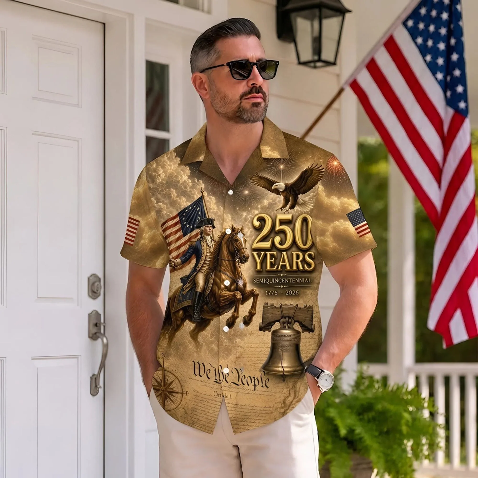 250 Years George Washington US Flag Liberty Bell Hawaiian Shirt - Patriotic Gift For Him - Image 3
