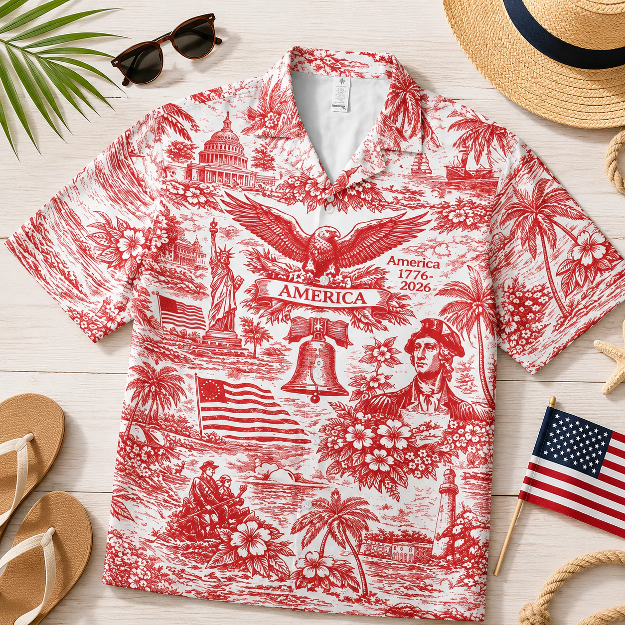 Toile De jouy 250 Years of America Toile De Jouy Style - Hawaiian Shirt - Gift For Men, Patriots - Image 4