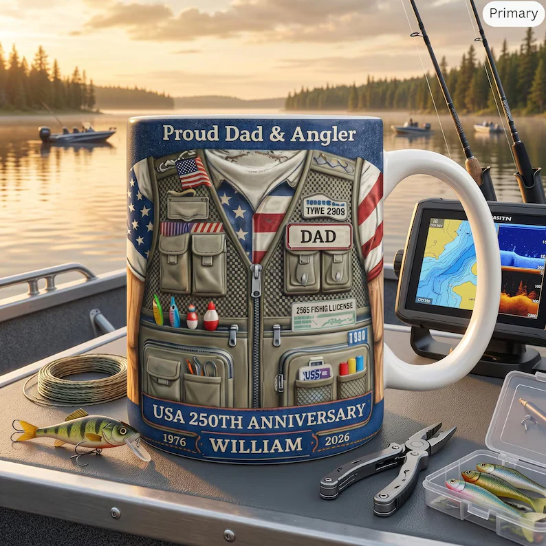 250 Years Of America With Fishing - Personalized White Mug - Patriotic Gift For Fishing Lover - Image 2