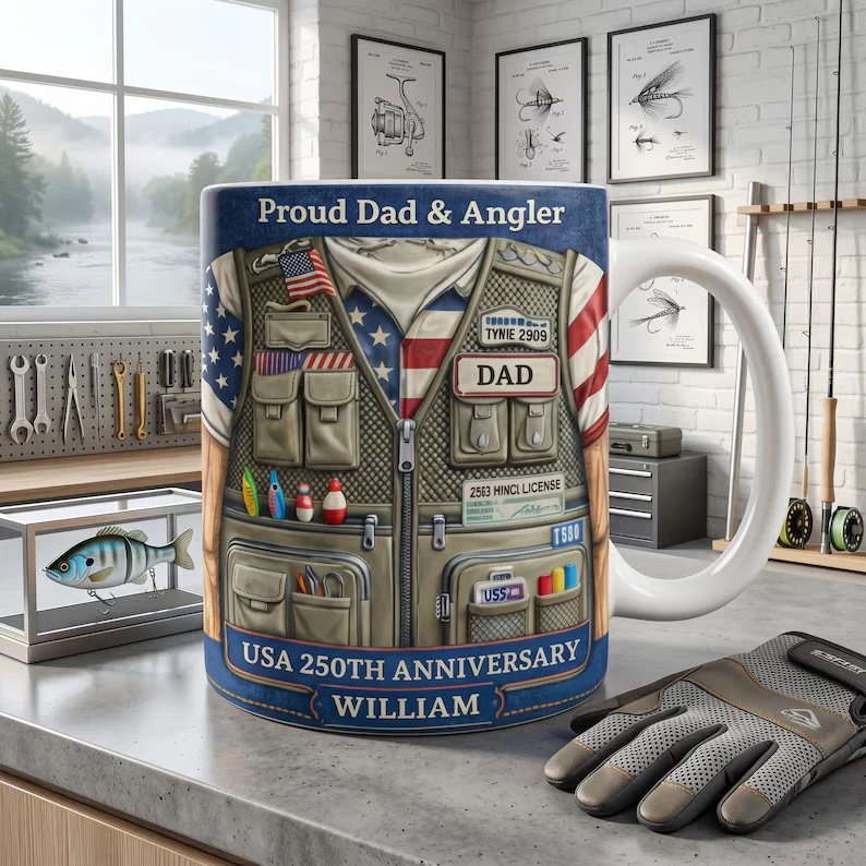 250 Years Of America With Fishing - Personalized White Mug - Patriotic Gift For Fishing Lover - Image 3