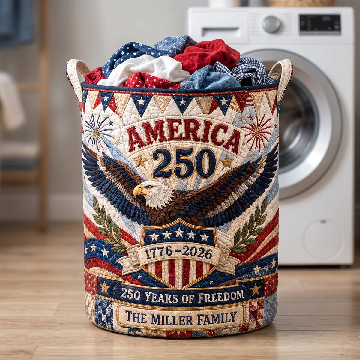 250 Years Of Freedom - Personalized Quilted Laundry Basket - Gift For Family - Image 2