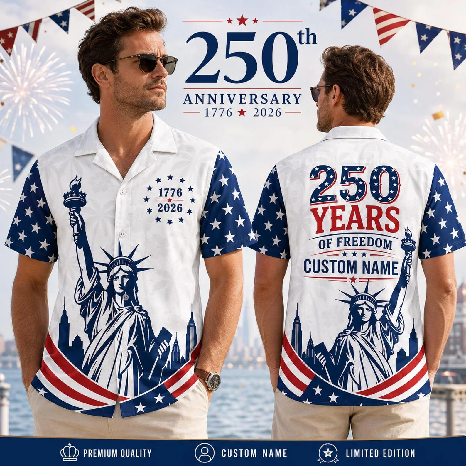 250 Years Of Freedom Statue Liberty - Personalized Hawaiian Shirt - Gift For Patriots