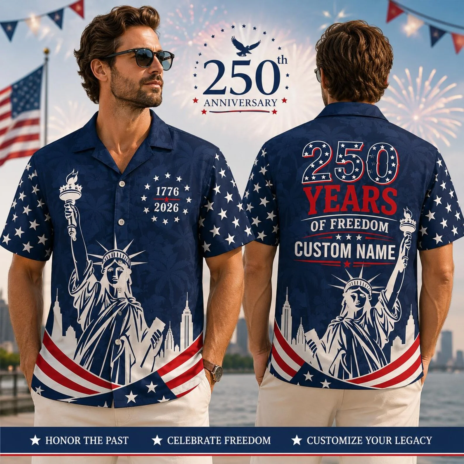 250 Years Of Freedom Statue Liberty - Personalized Hawaiian Shirt - Gift For Patriots - Image 3