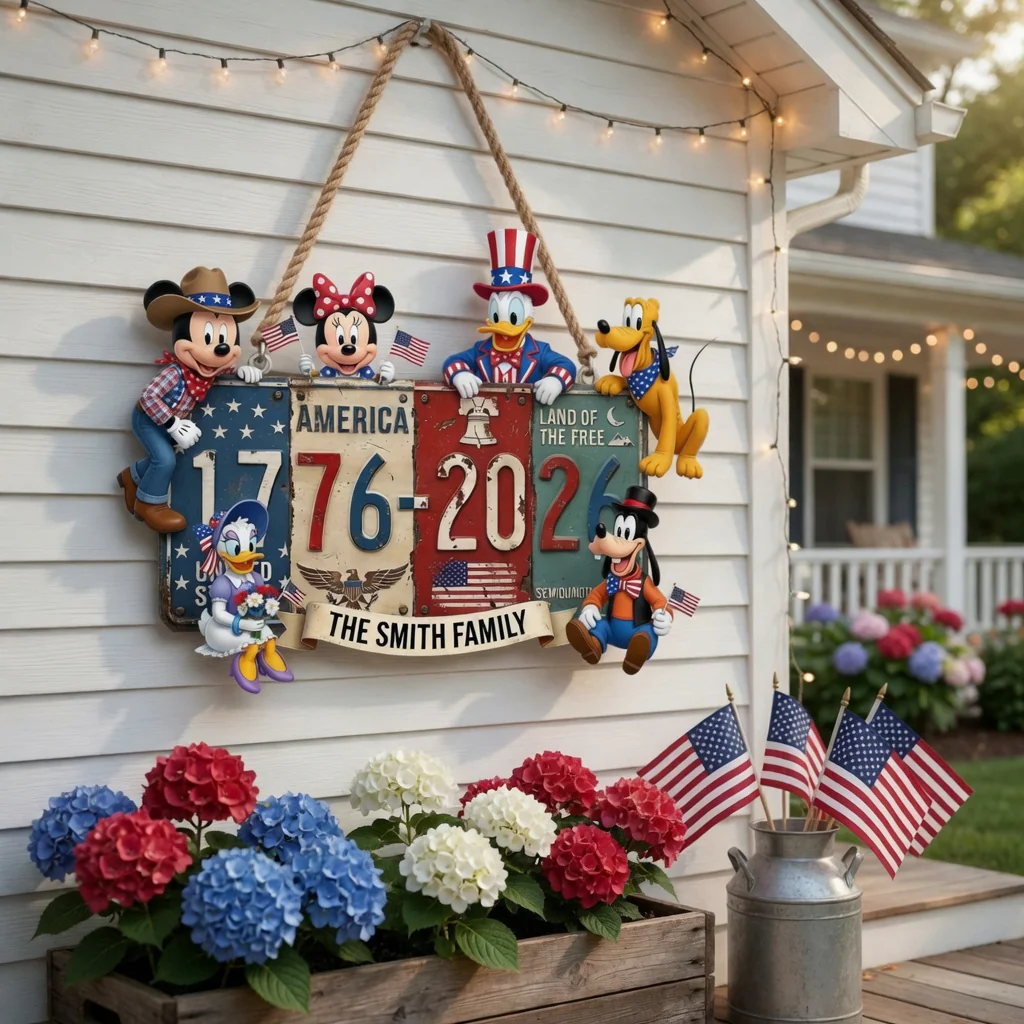 250 Years Of USA Freedom With Magic Mouse And Friends - Personalized Wood Sign - Gift For Family, Patriots - MkMo HH01 - Image 3
