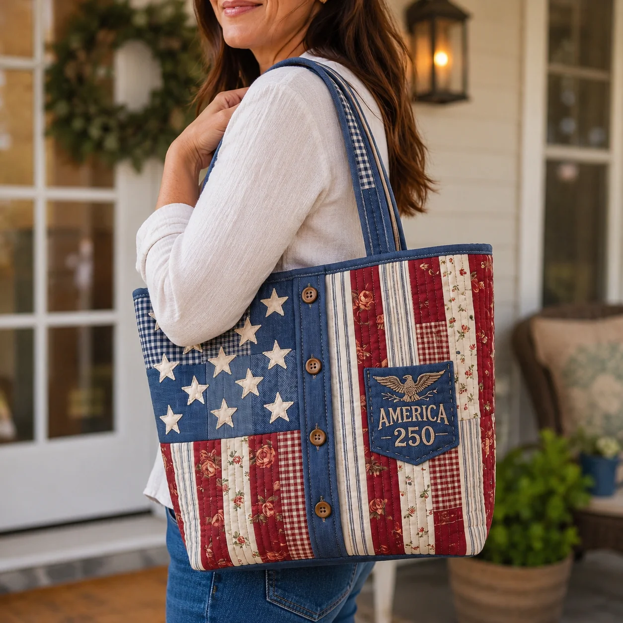 250th Anniversary American Flag Purse - Personalized Patriotic Quilted Tote Bag - Gift For Her, Patriots - Image 3
