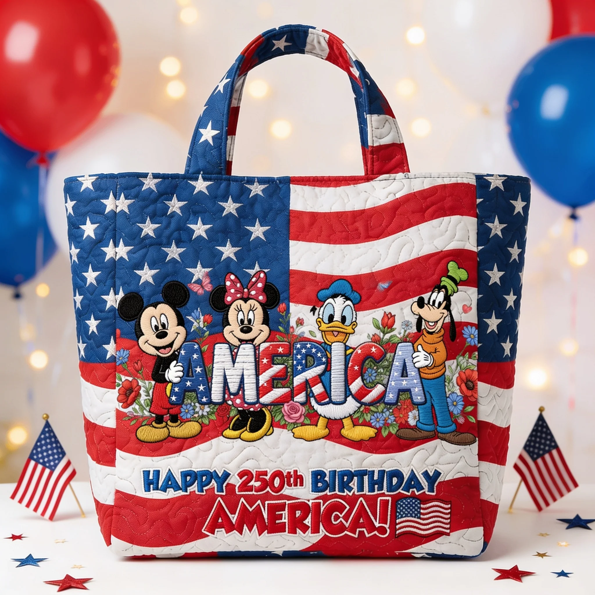 250th Anniversary USA Freedom With Magical Mouse And Friends - Personalized Quilted Tote Bag - Independence Gift For Movie Fans - MkMo