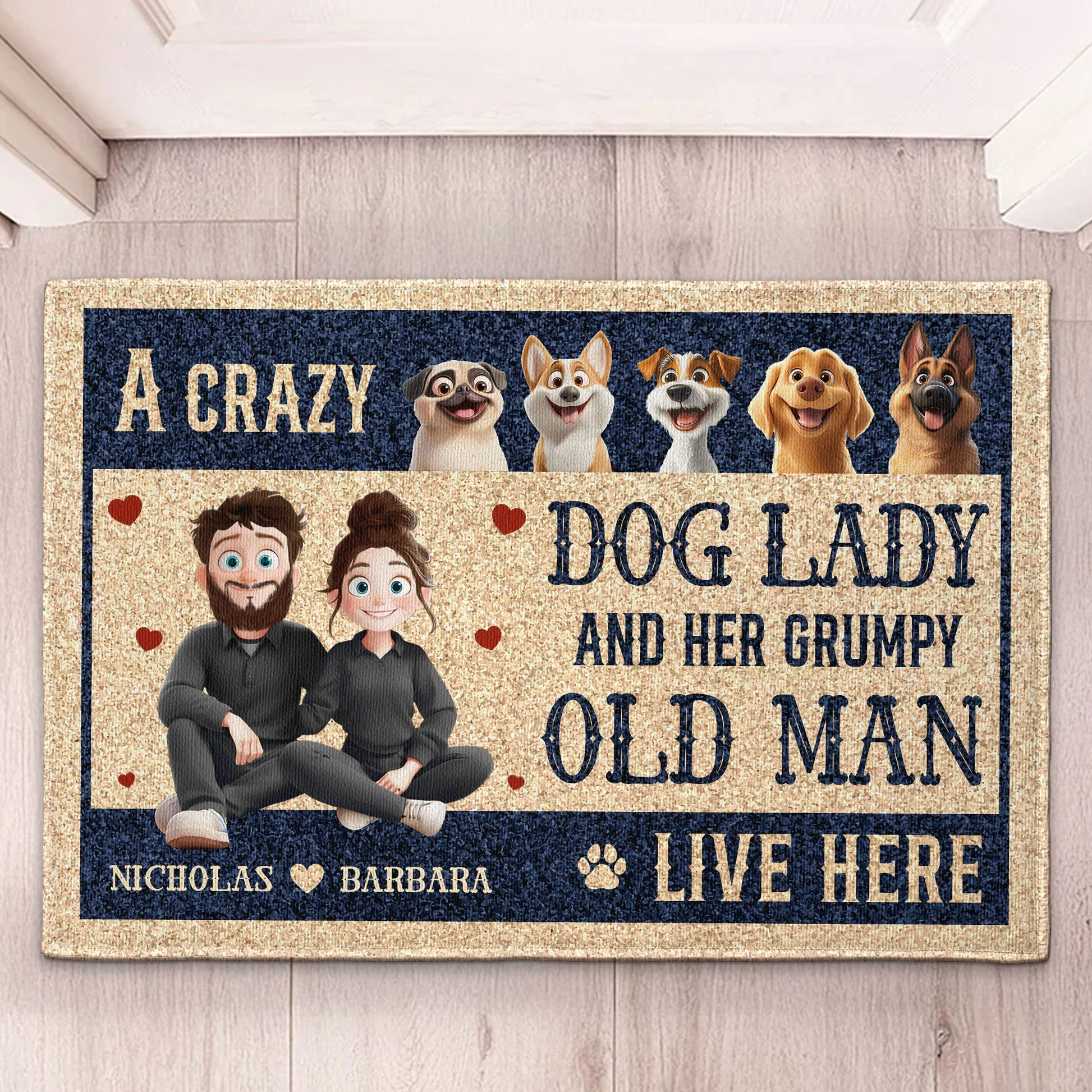 A Crazy Dog Lady And Her Grumpy Old Man Cartoon Dog - Personalized Doormat - Gift for Pet Owners, Dog Lovers, Dog Dad, Dog Mom | CLP15 NH96
