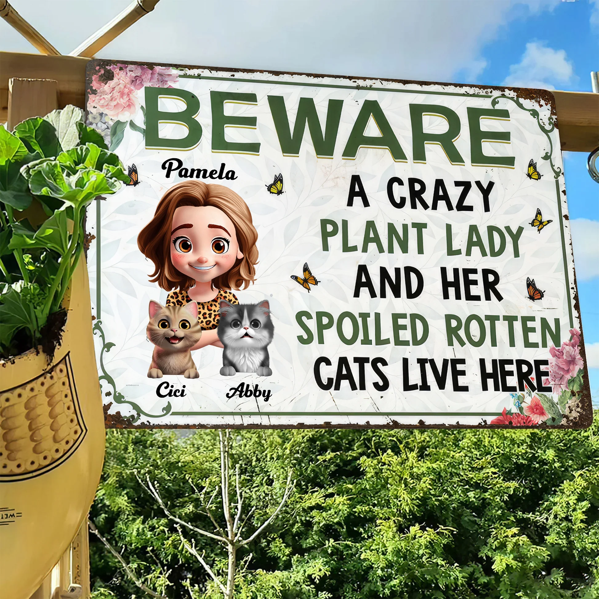 A Crazy Plant Lady & Her Spoiled Rotten Cartoon Cats Live Here - Personalized Metal Sign - Gift For Gardening Lovers, Cat Lovers | CLP16 NA94