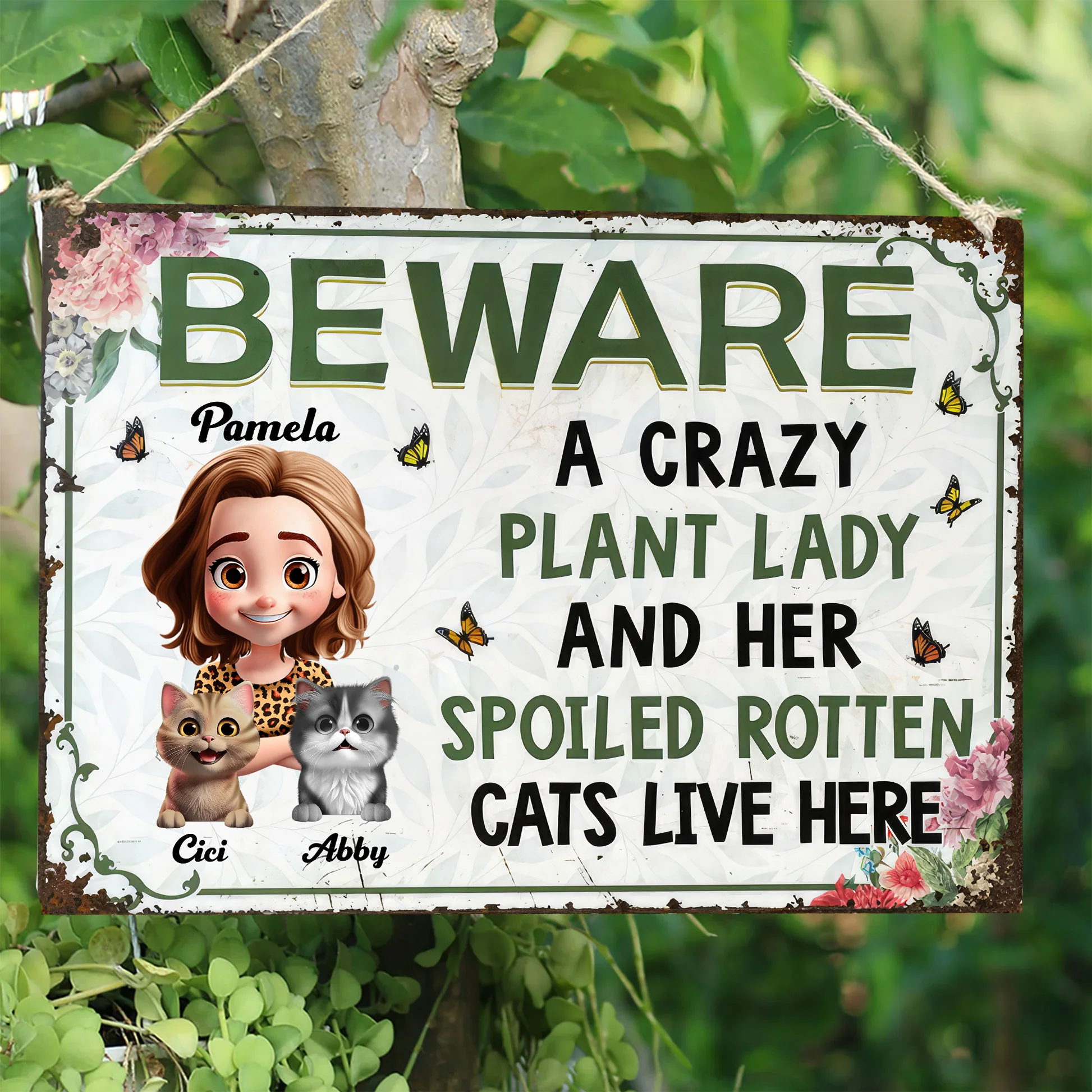 A Crazy Plant Lady & Her Spoiled Rotten Cartoon Cats Live Here - Personalized Metal Sign - Gift For Gardening Lovers, Cat Lovers | CLP16 NA94 - Image 2