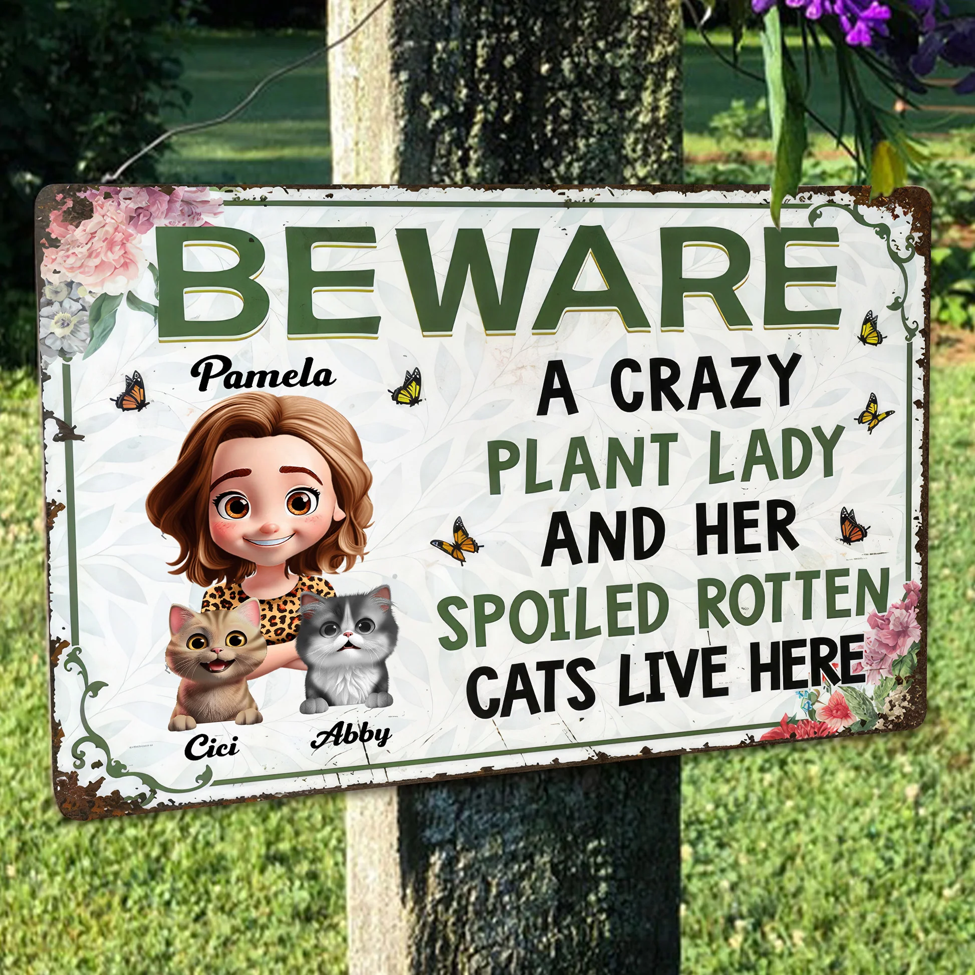 A Crazy Plant Lady & Her Spoiled Rotten Cartoon Cats Live Here - Personalized Metal Sign - Gift For Gardening Lovers, Cat Lovers | CLP16 NA94 - Image 3