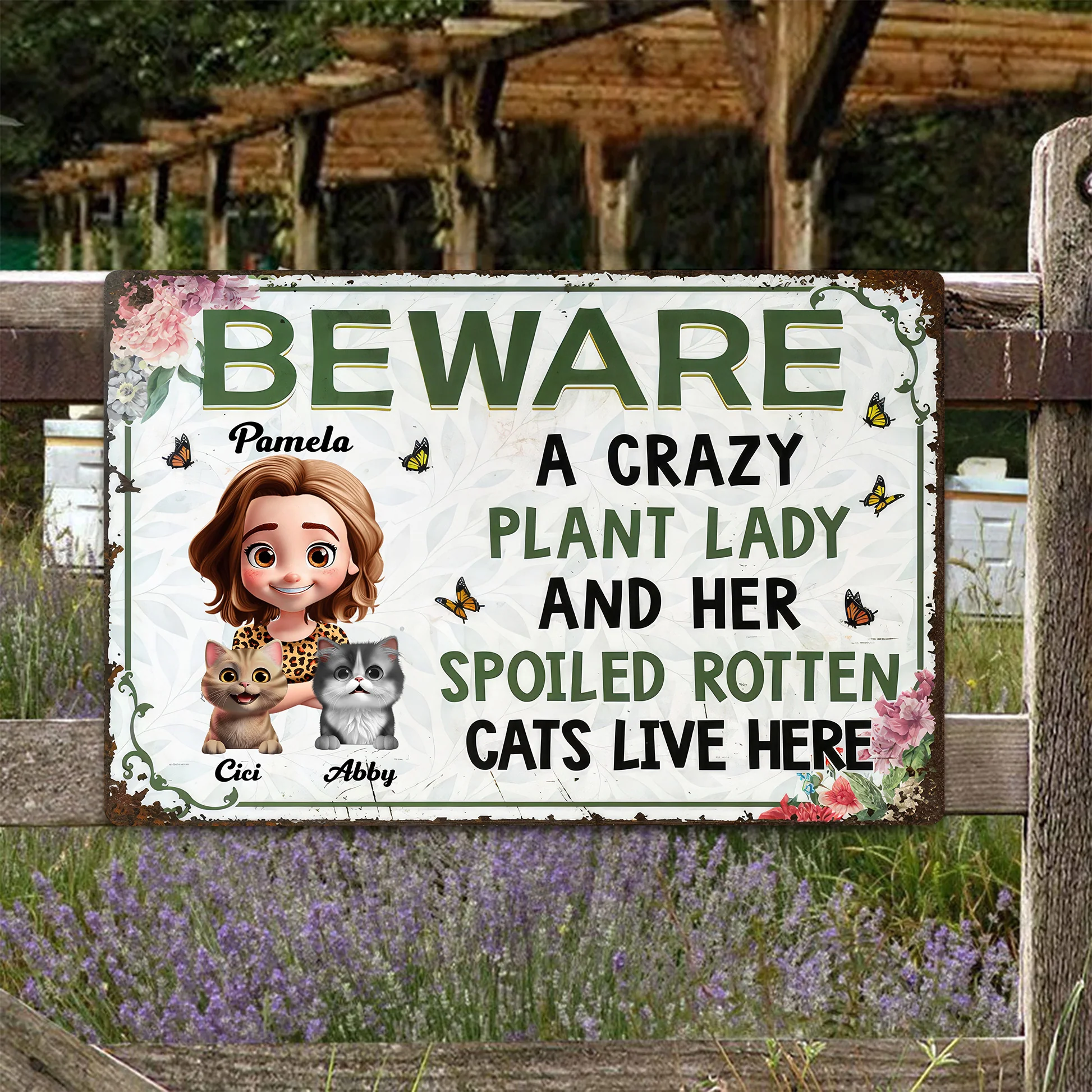 A Crazy Plant Lady & Her Spoiled Rotten Cartoon Cats Live Here - Personalized Metal Sign - Gift For Gardening Lovers, Cat Lovers | CLP16 NA94 - Image 4