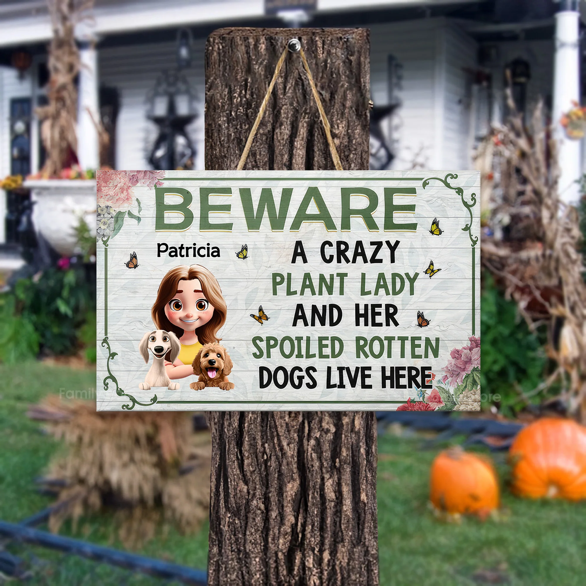 A Crazy Plant Lady & Her Spoiled Rotten Cartoon Dogs Live Here - Personalized Custom Shaped Wood Sign - Gift For Gardening Lovers, Dog Lovers | CLP16 NA94