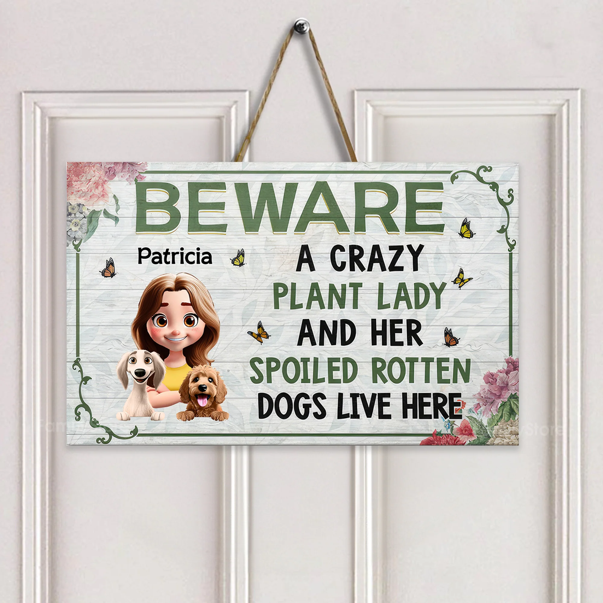 A Crazy Plant Lady & Her Spoiled Rotten Cartoon Dogs Live Here - Personalized Custom Shaped Wood Sign - Gift For Gardening Lovers, Dog Lovers | CLP16 NA94 - Image 4
