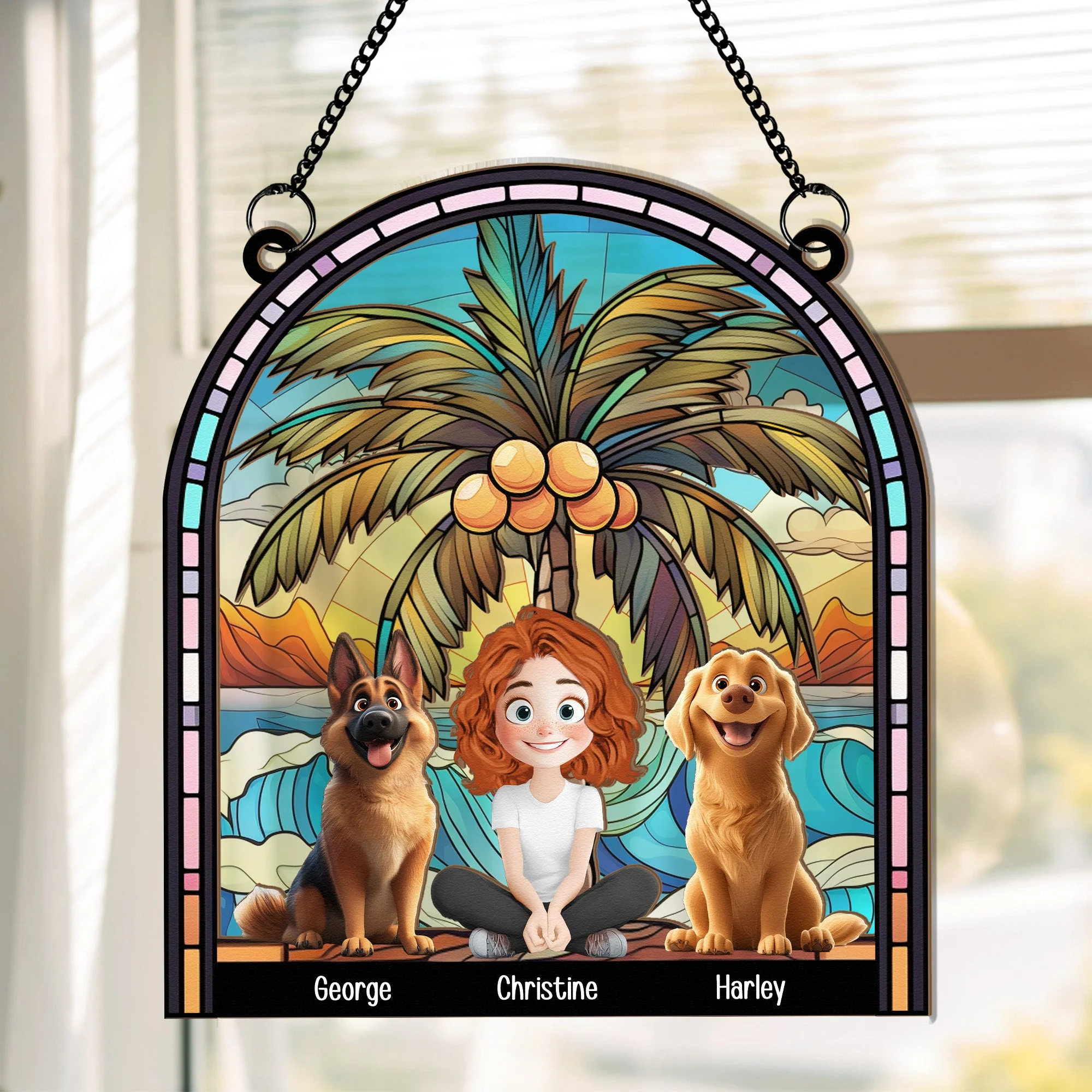 A Girl And Her Cartoon Pets New Version - Personalized Window Hanging Window Hanging Suncatcher Ornament - GIft For  Pet Lovers | CLP15 NA94
