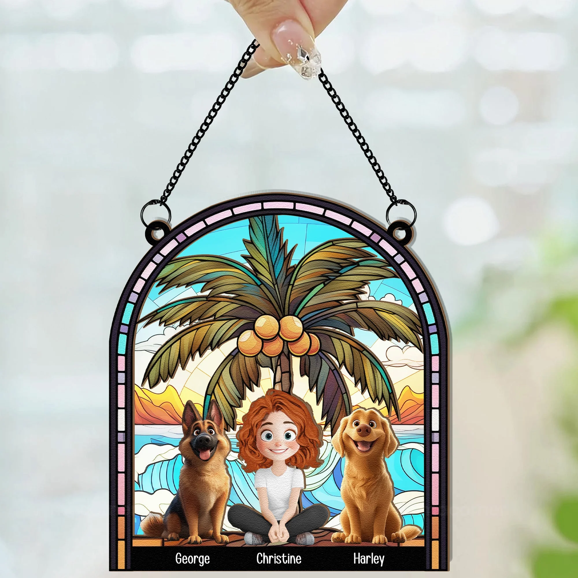 A Girl And Her Cartoon Pets New Version - Personalized Window Hanging Window Hanging Suncatcher Ornament - GIft For  Pet Lovers | CLP15 NA94 - Image 2