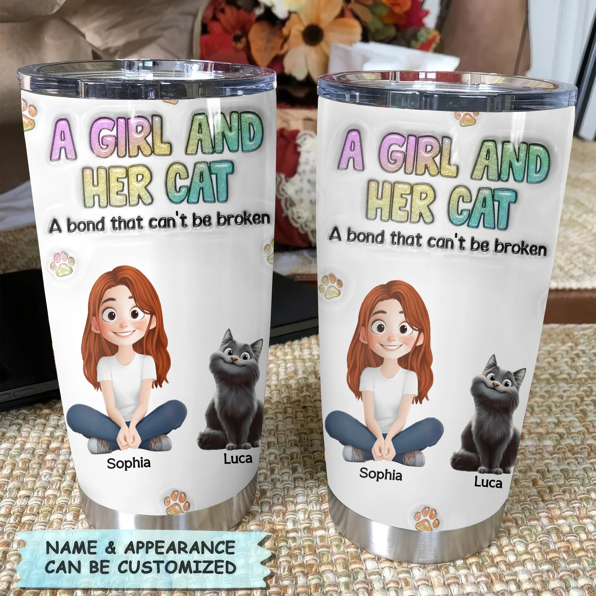 A Girl And Her Cat 3D Inflated Effect Cartoon Cat - Personalized Tumbler Cup - Gift for Pet Owners, Pet Lovers, Cat Mom | CLP15 NH96 - Image 2