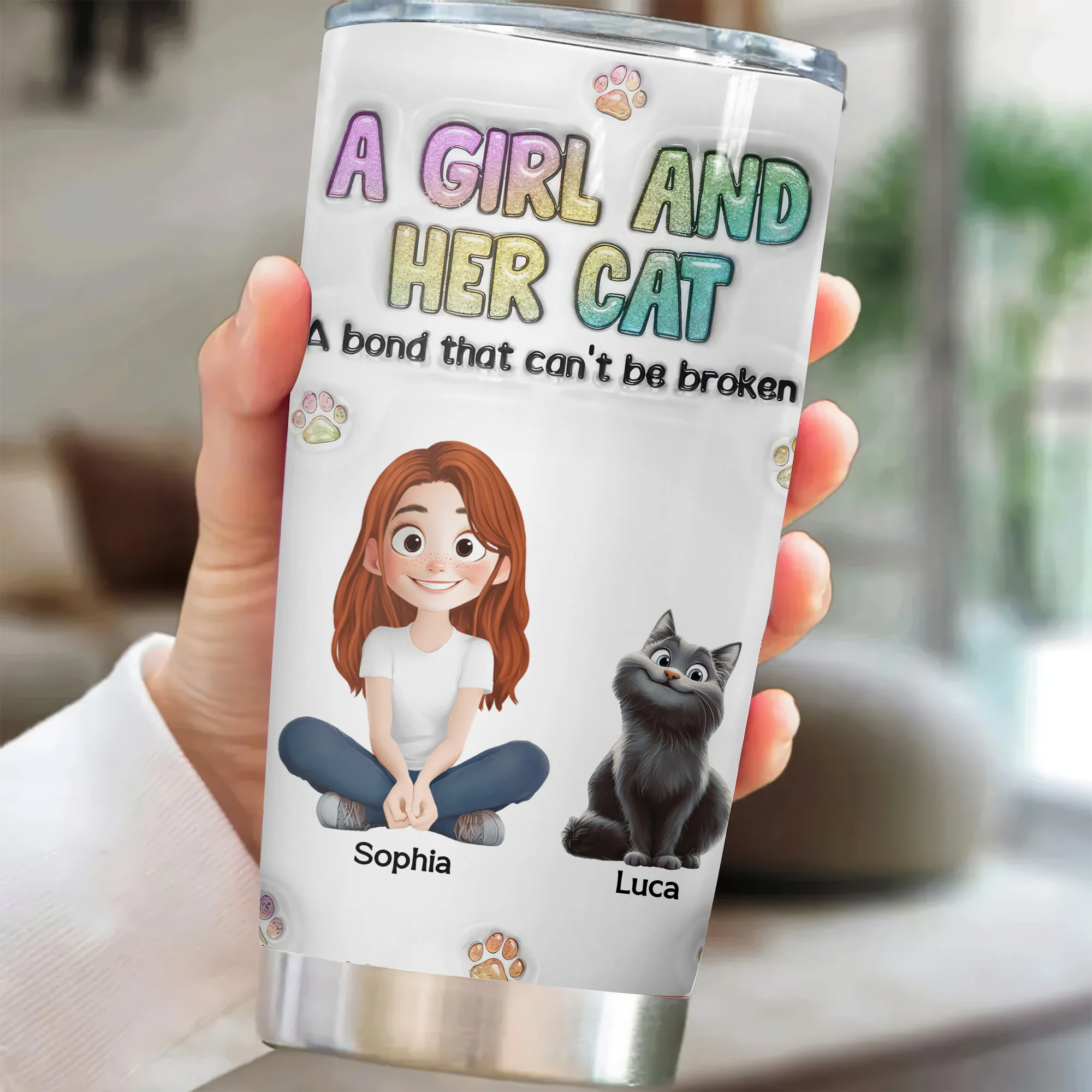 A Girl And Her Cat 3D Inflated Effect Cartoon Cat - Personalized Tumbler Cup - Gift for Pet Owners, Pet Lovers, Cat Mom | CLP15 NH96 - Image 3