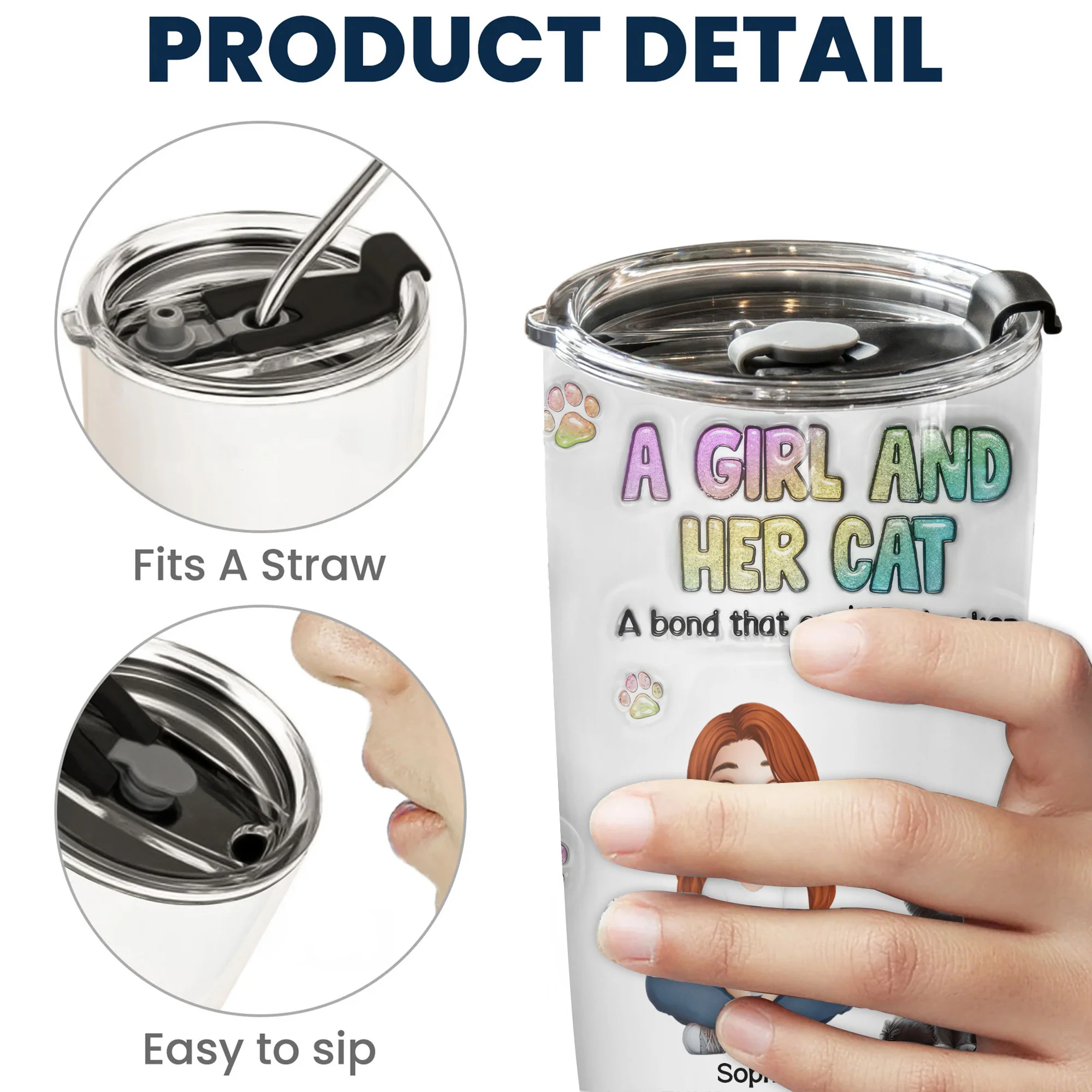 A Girl And Her Cat 3D Inflated Effect Cartoon Cat - Personalized Tumbler Cup - Gift for Pet Owners, Pet Lovers, Cat Mom | CLP15 NH96 - Image 5
