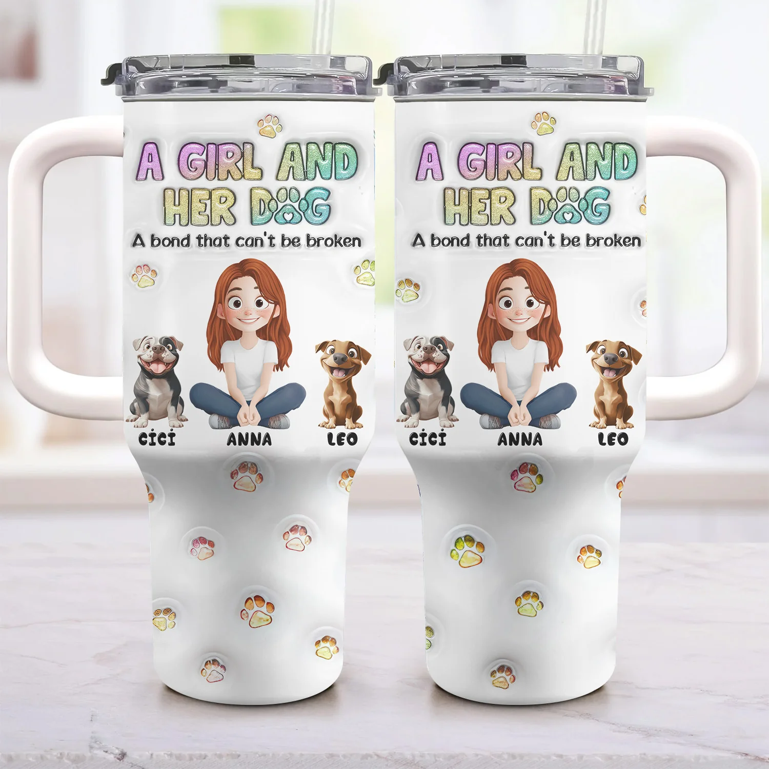 A Girl And Her Dog 3D Inflated Effect Cartoon Dog - Personalized 40oz Tumbler Cup With Straw -  Gift for Pet Owners, Pet Lovers, Dog Mom | CLP15 NH96
