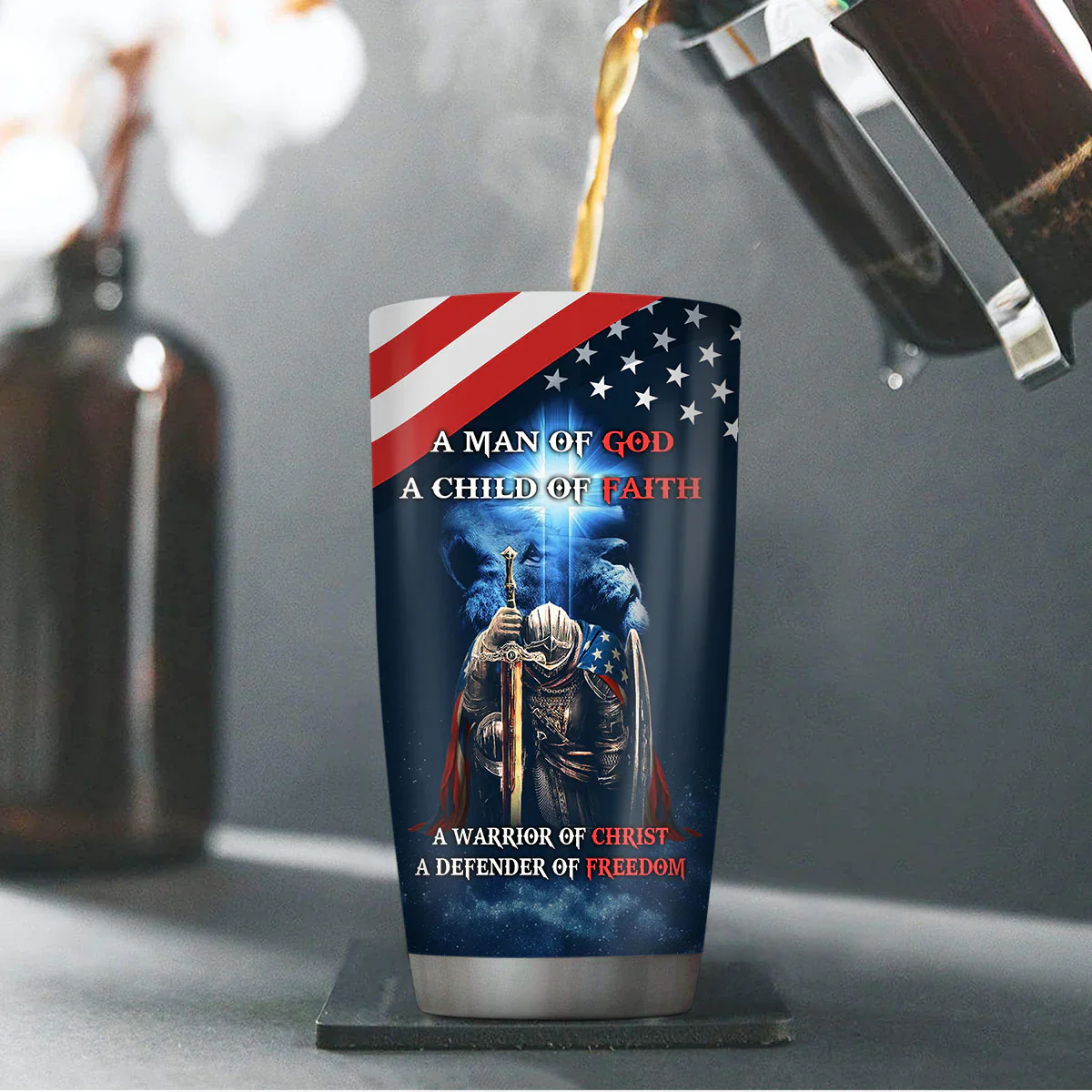 A Man Of God A Child Of Faith - Personalized Stainless Steel Tumbler - Gift For Him, Son - Image 4
