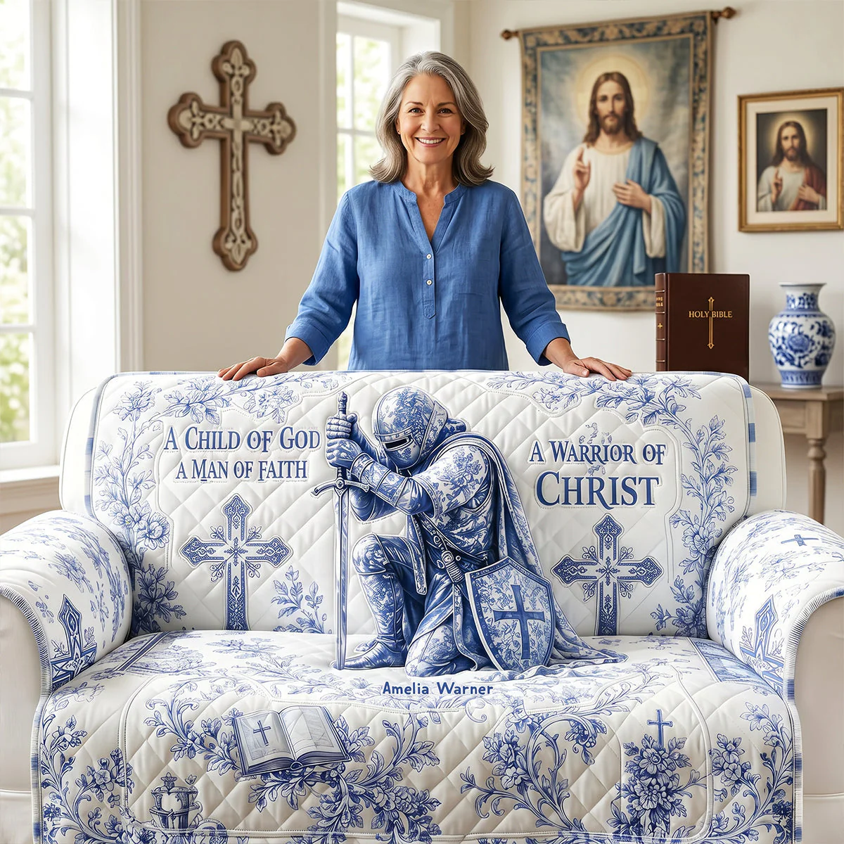A Man of God KnightToile De Jouy Faith - Personalized Quilted Sofa Cover - Gifts Home Decor