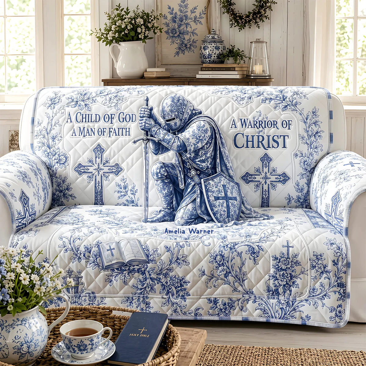 A Man of God KnightToile De Jouy Faith - Personalized Quilted Sofa Cover - Gifts Home Decor - Image 2