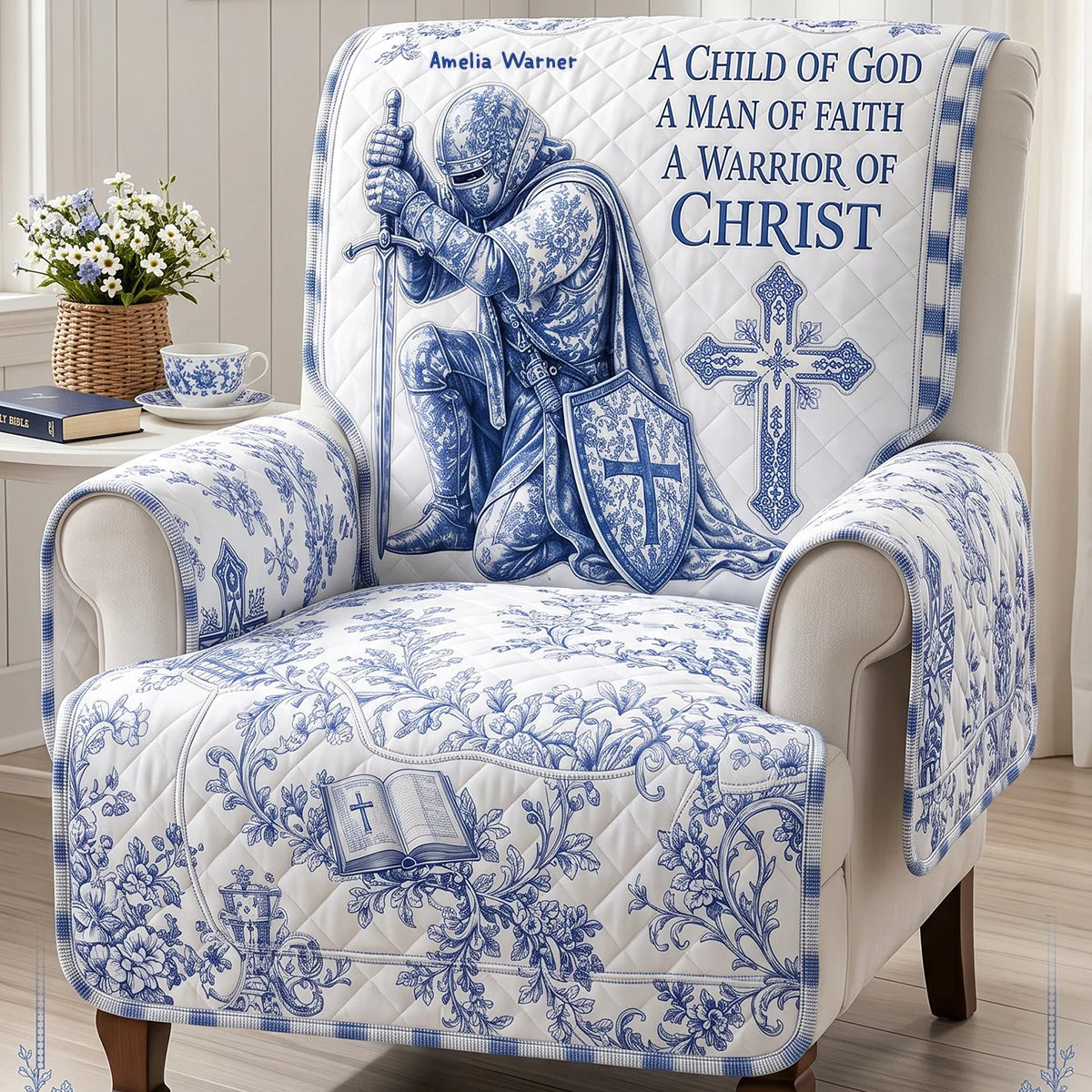A Man of God KnightToile De Jouy Faith - Personalized Quilted Sofa Cover - Gifts Home Decor - Image 3