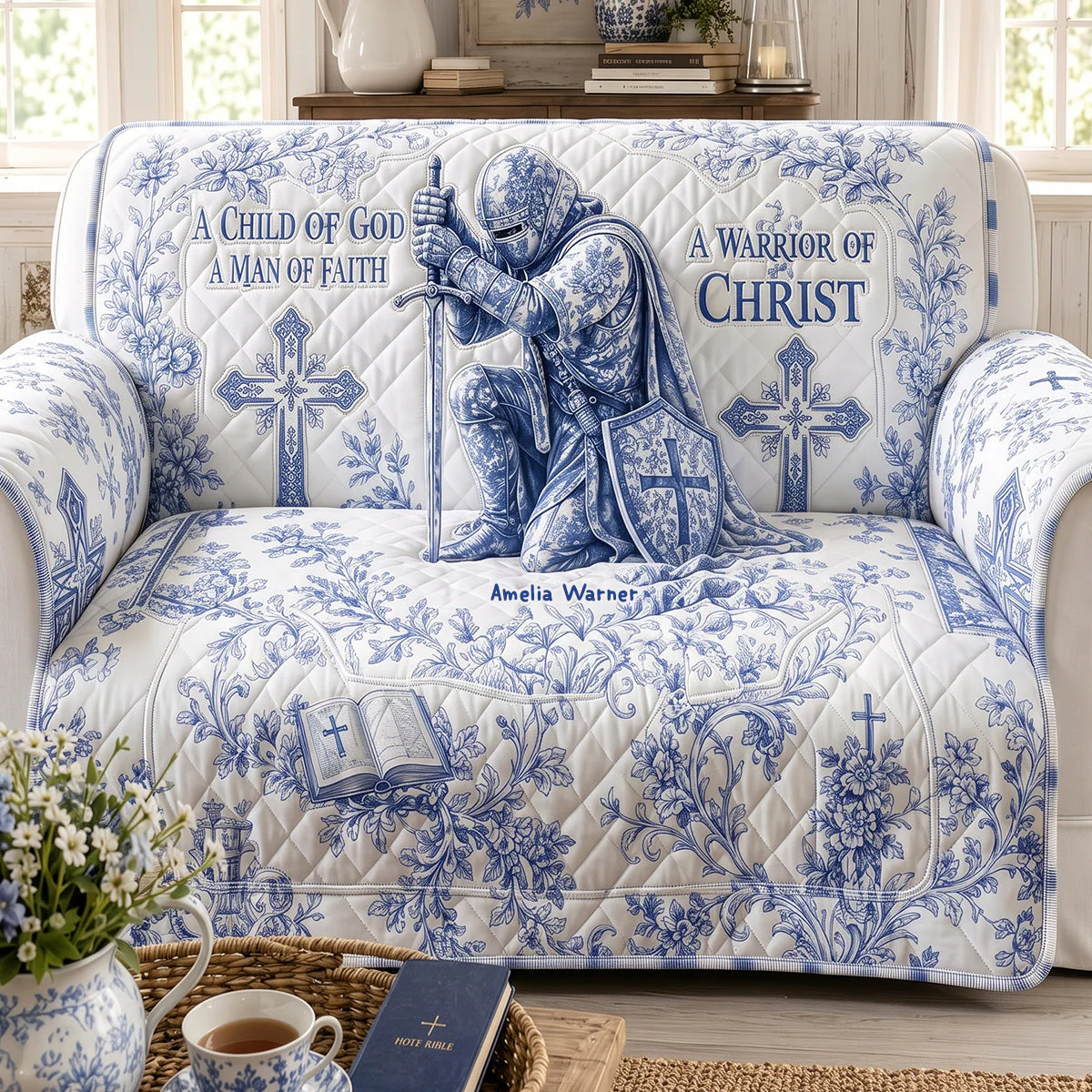 A Man of God KnightToile De Jouy Faith - Personalized Quilted Sofa Cover - Gifts Home Decor - Image 4