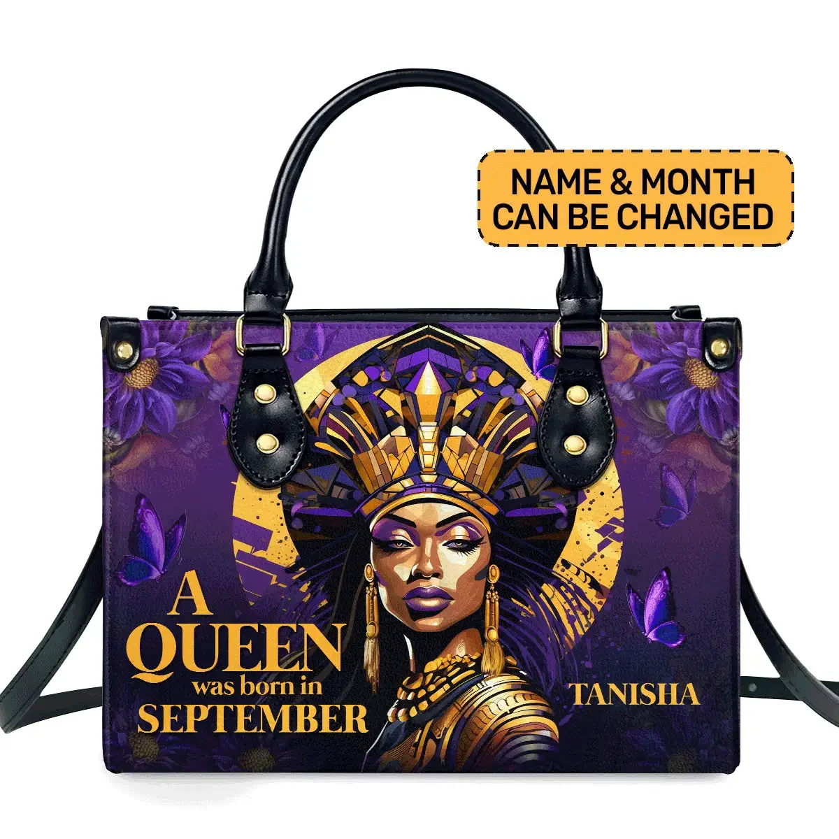 A Queen Was Born In Tote - Custom Name & Birth Month Leather Handbag - Birthday Gift for Black Women HD95