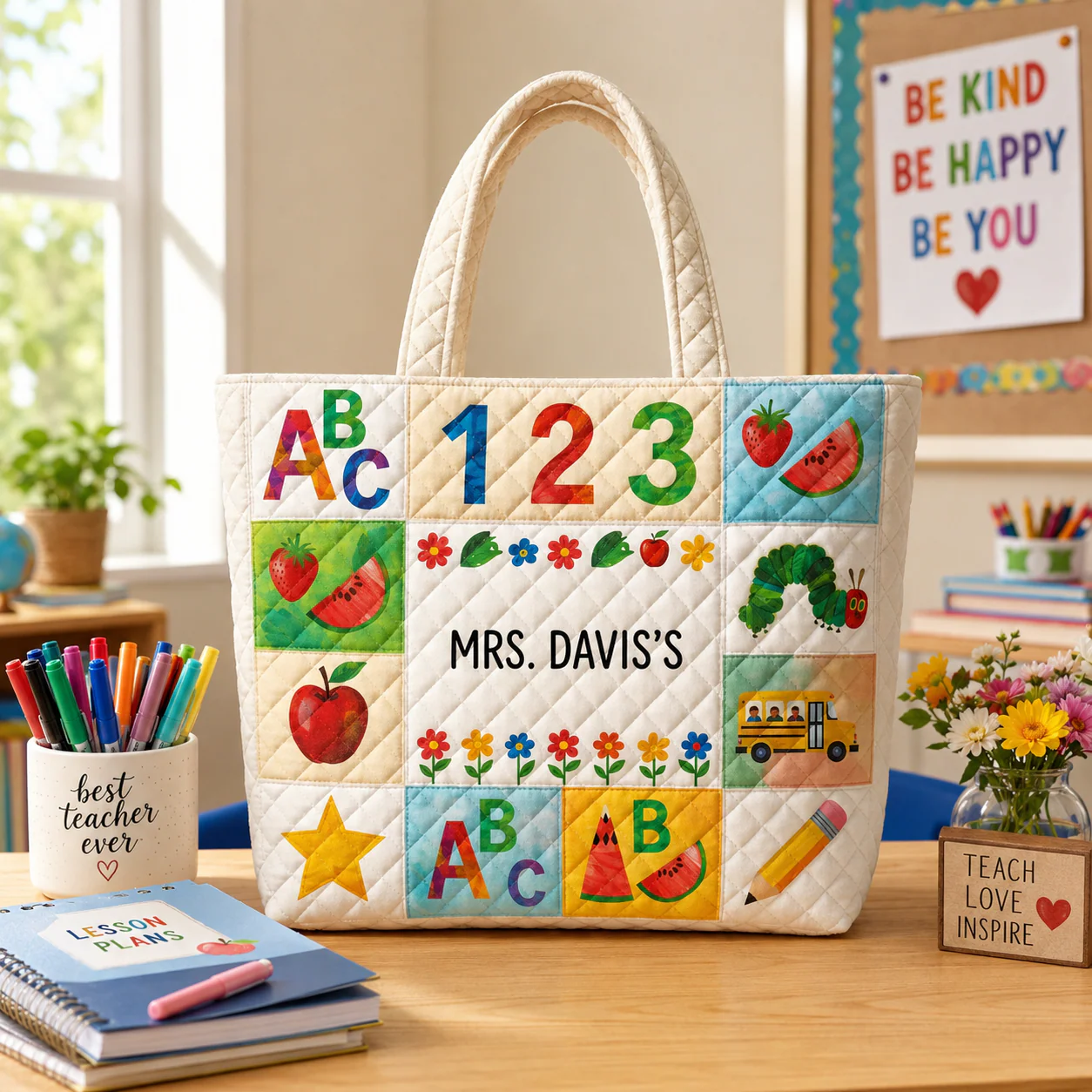 ABC Learning Caterpillar Apple Pencil Teacher - Personalized Quilted Tote Bag - Gift For Students, Teacher