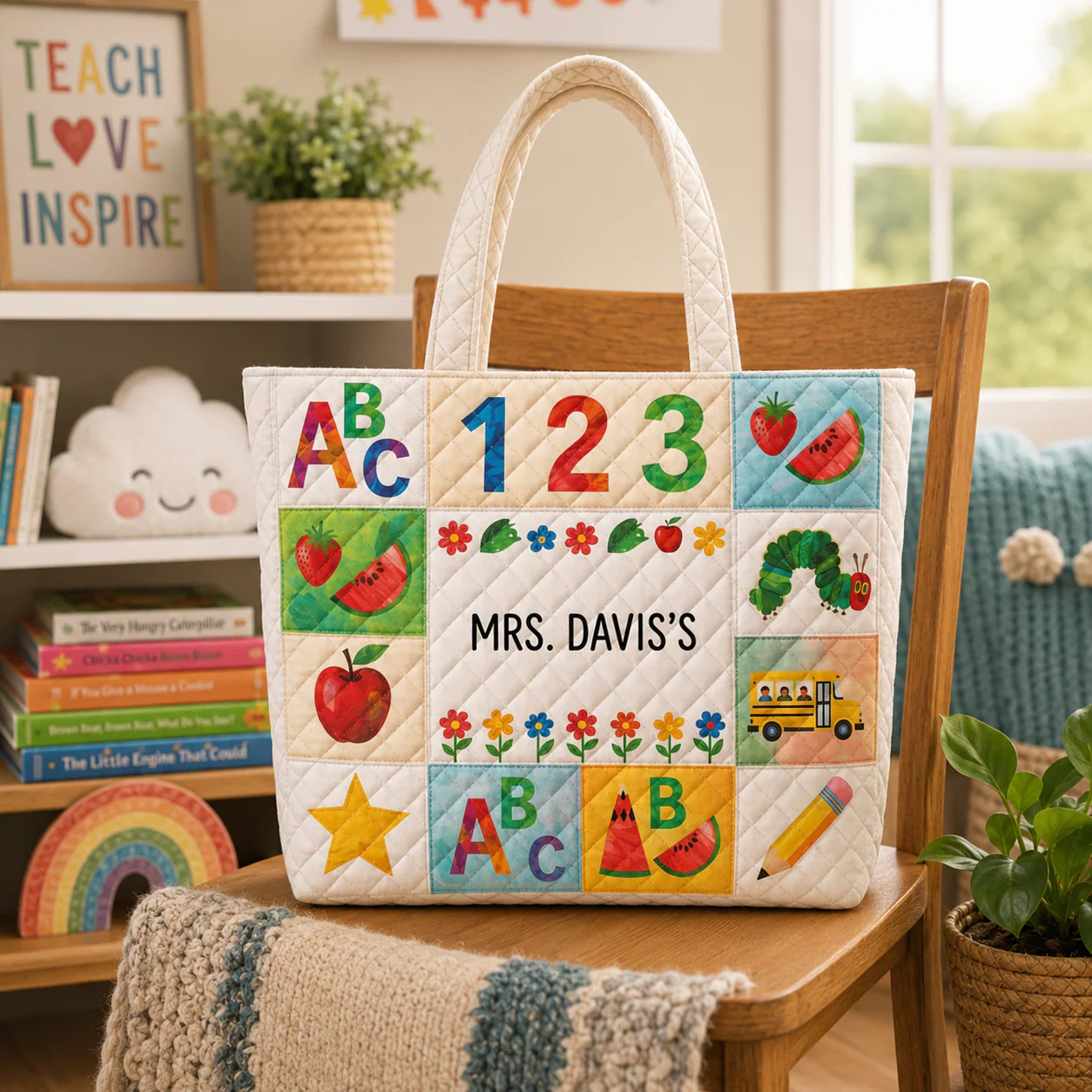 ABC Learning Caterpillar Apple Pencil Teacher - Personalized Quilted Tote Bag - Gift For Students, Teacher - Image 2