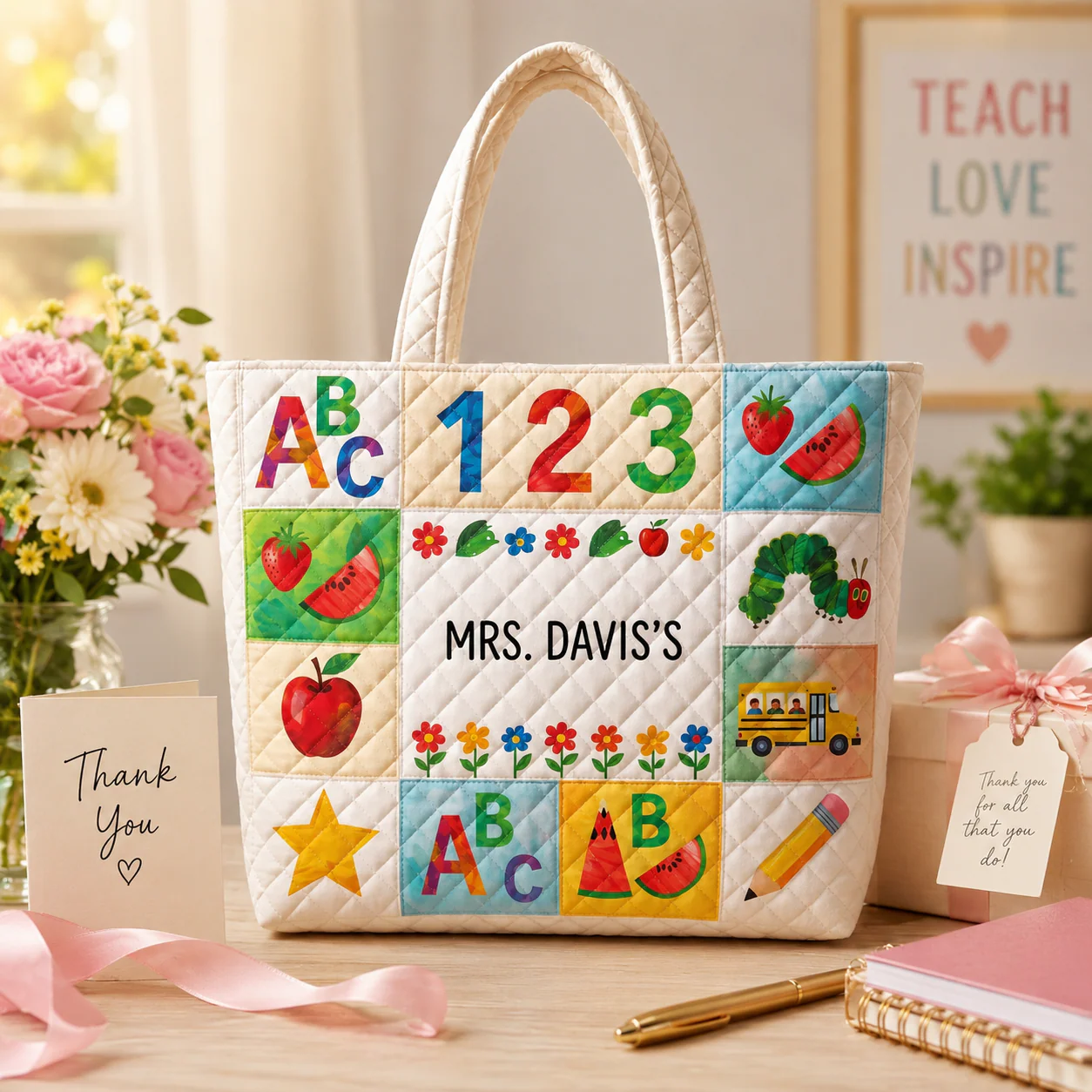 ABC Learning Caterpillar Apple Pencil Teacher - Personalized Quilted Tote Bag - Gift For Students, Teacher - Image 3