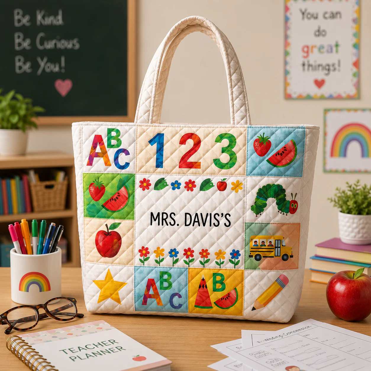 ABC Learning Caterpillar Apple Pencil Teacher - Personalized Quilted Tote Bag - Gift For Students, Teacher - Image 4