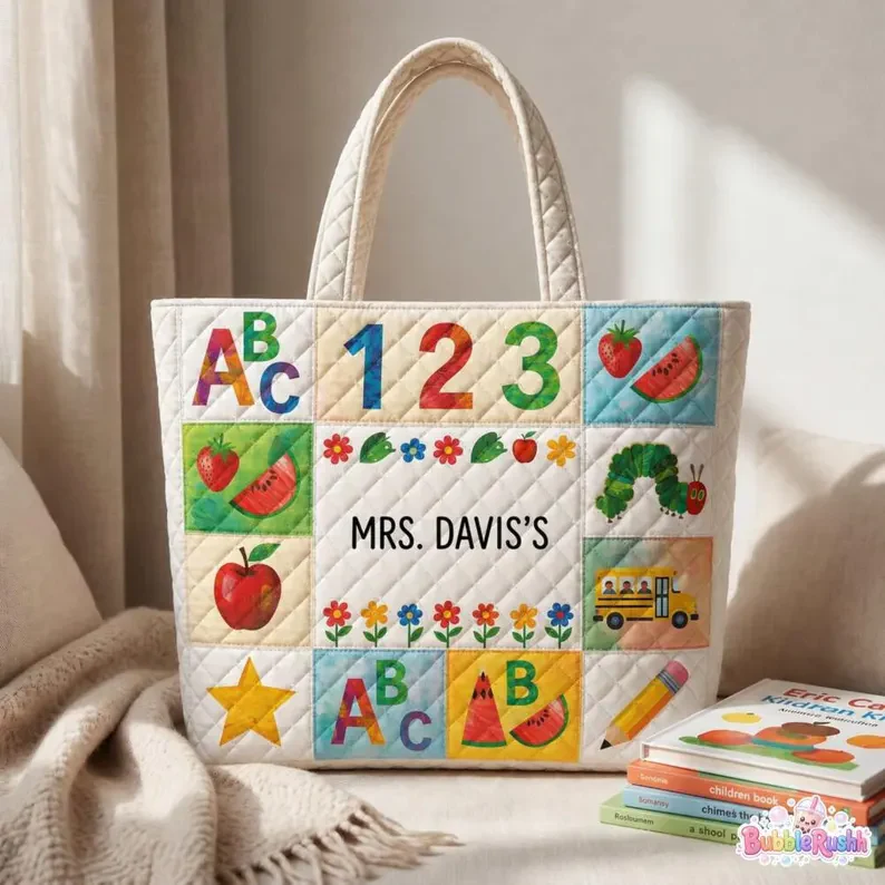 ABC Learning Caterpillar Apple Pencil Teacher - Personalized Quilted Tote Bag - Gift For Students, Teacher - Image 5