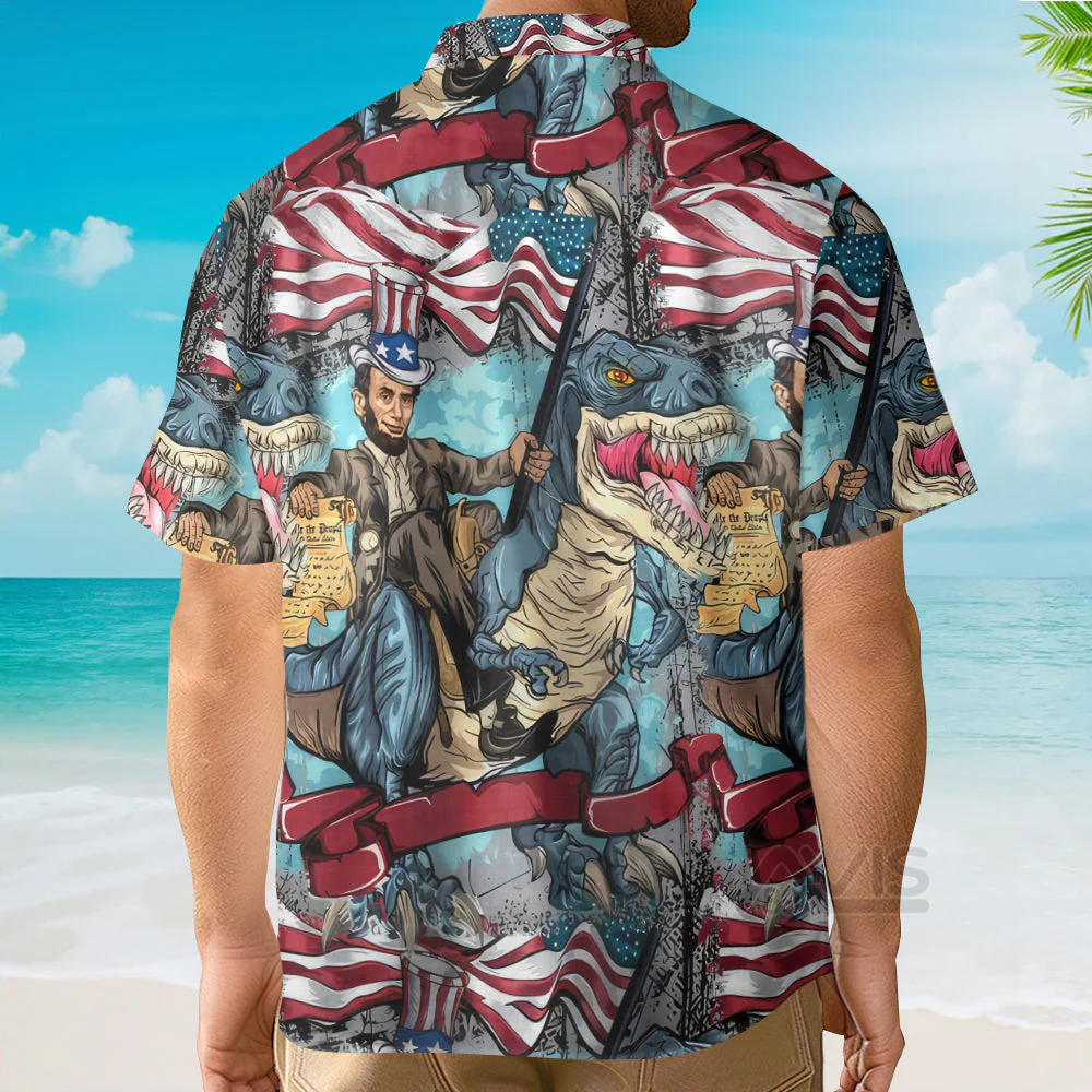 Abraham Lincoln The US Flag And Dinosaur - Hawaiian Shirt - Image 3