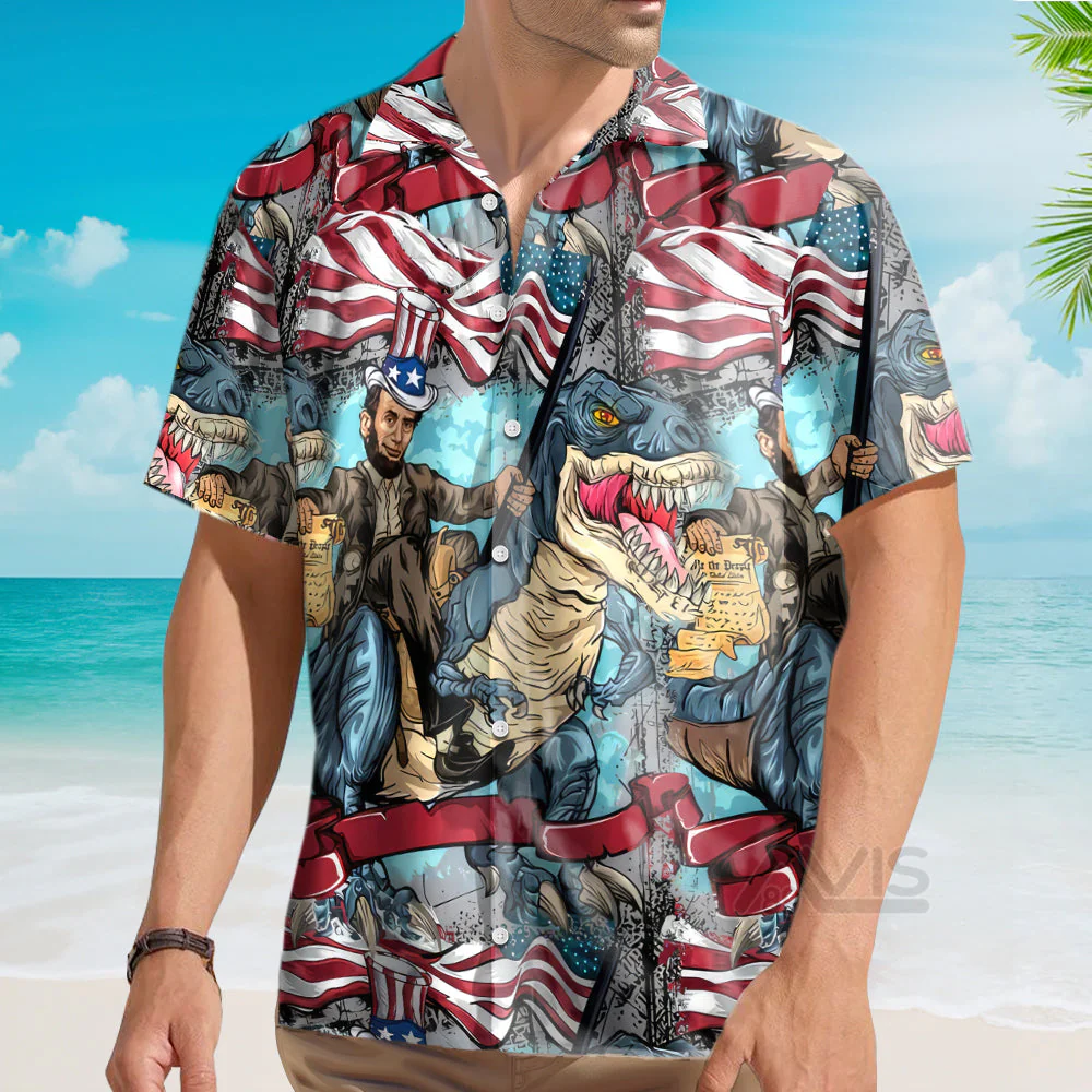 Abraham Lincoln The US Flag And Dinosaur - Hawaiian Shirt - Image 4