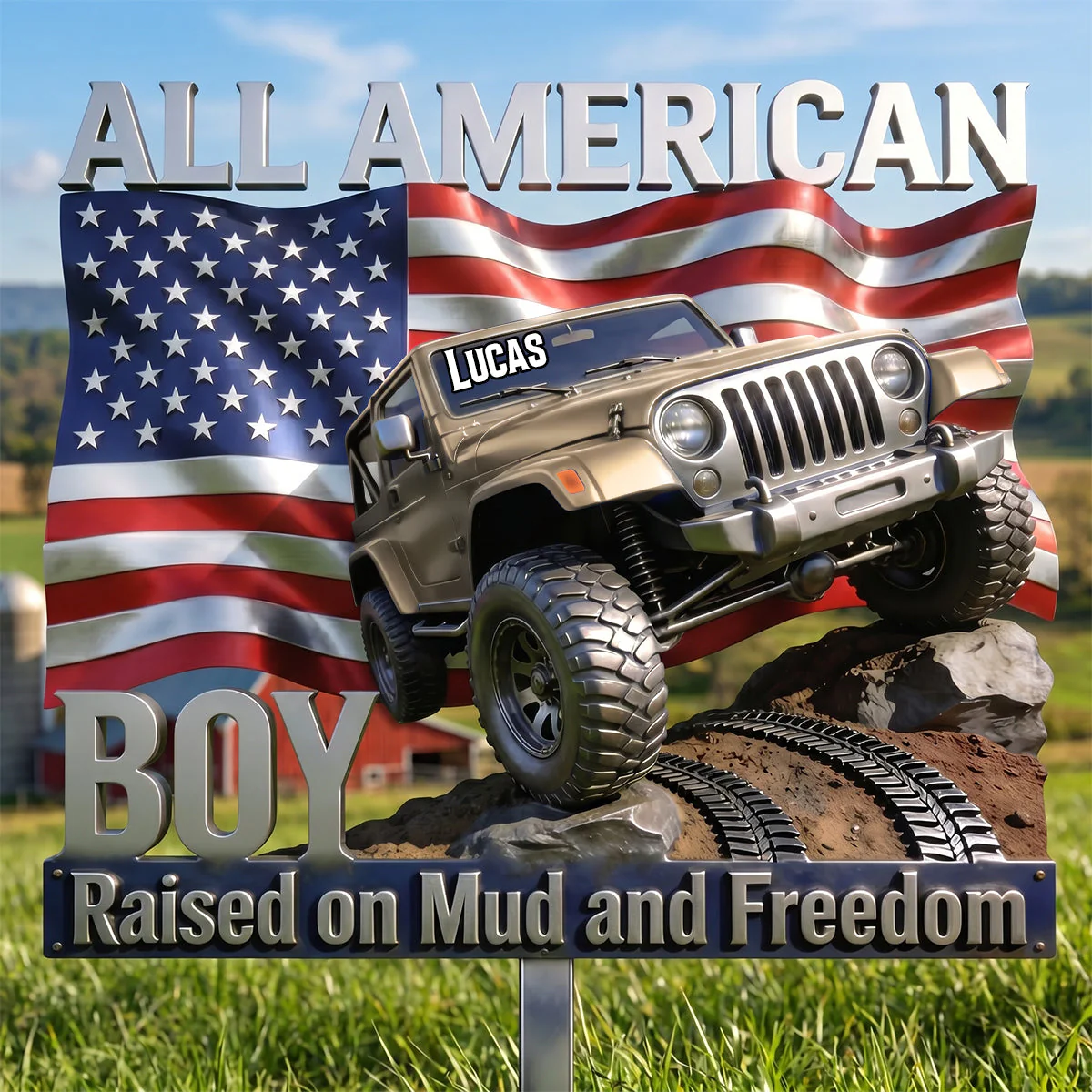 All American Boy Raised On Mud And Freedom - Personalized Shaped Metal Sign - Gift For Off-road Lovers - Image 2
